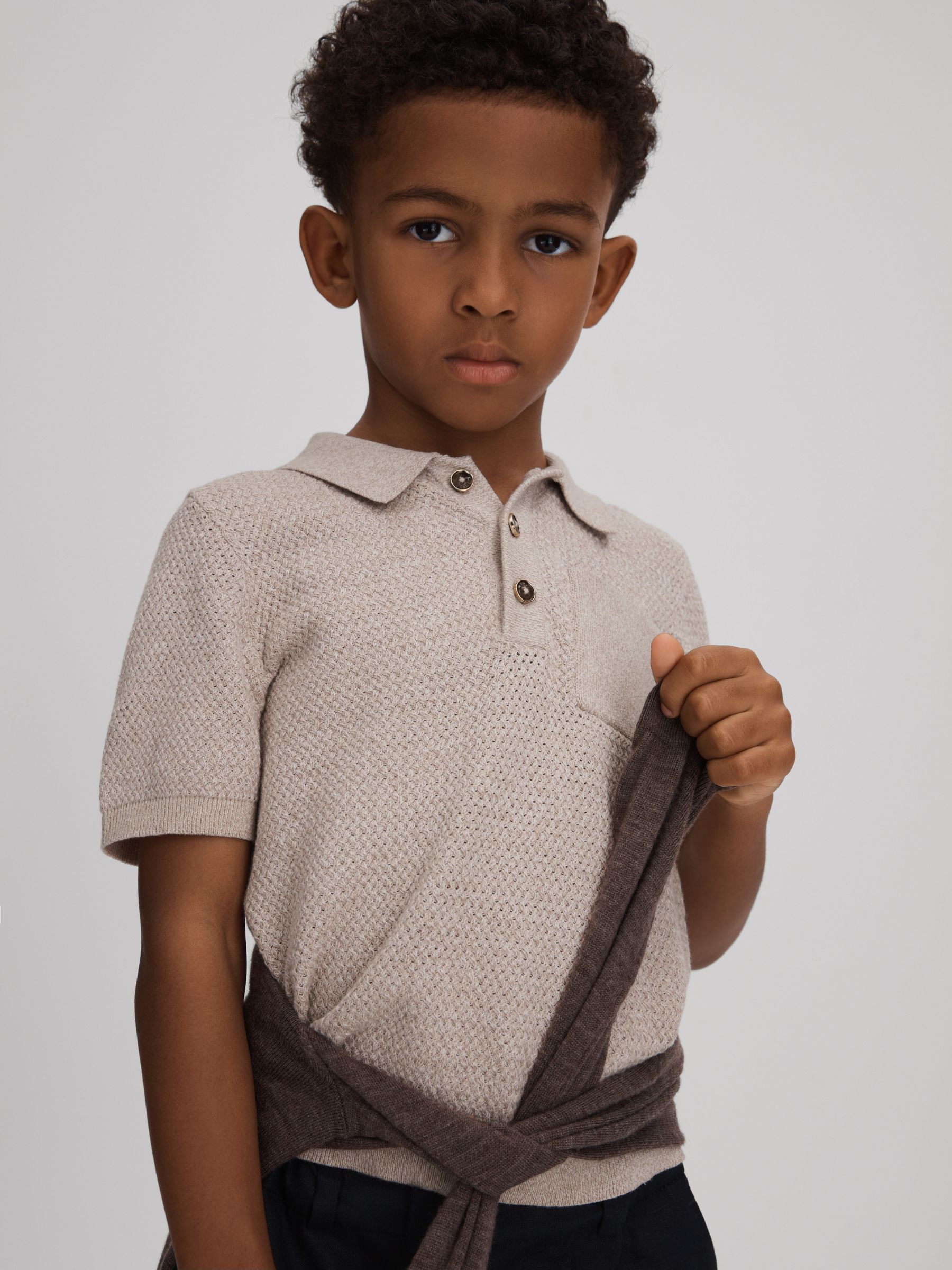 9-13 yrs Textured Cotton Polo Shirt in Oatmeal Melange - Image 1 of 4