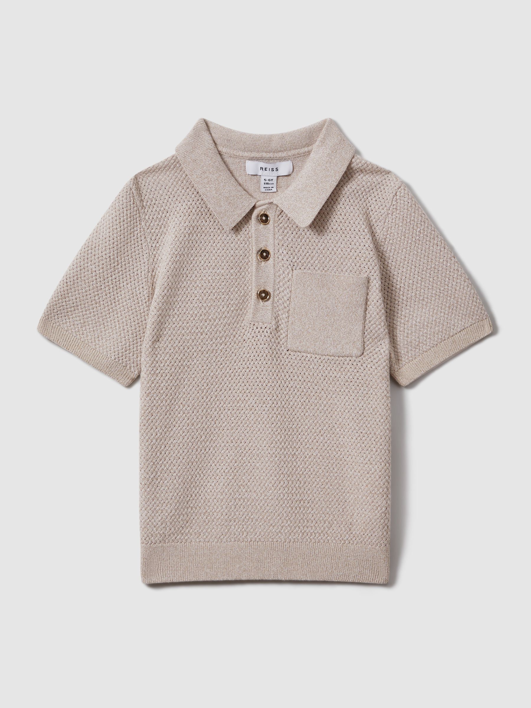 9-13 yrs Textured Cotton Polo Shirt in Oatmeal Melange - Image 2 of 4