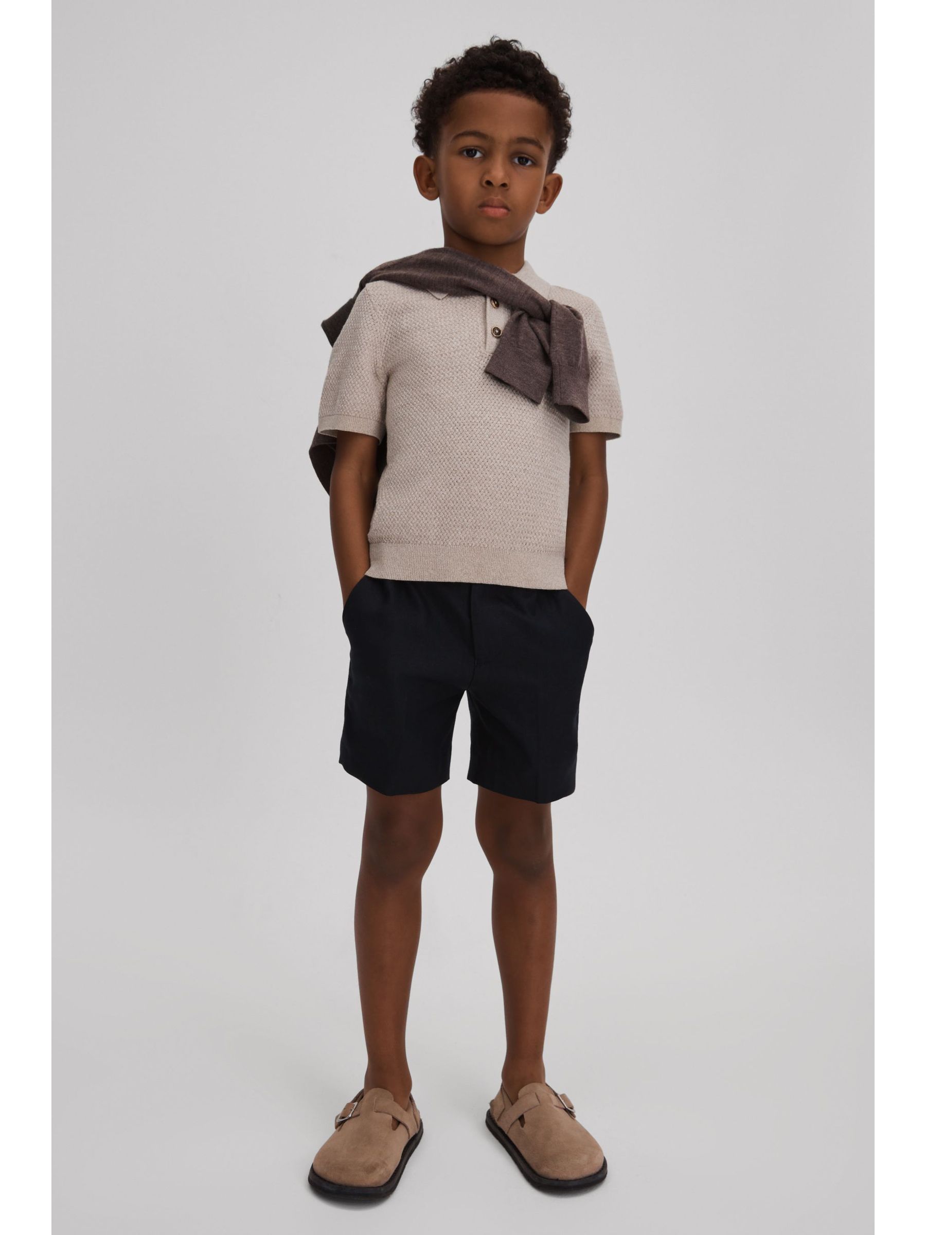 9-13 yrs Textured Cotton Polo Shirt in Oatmeal Melange - Image 3 of 4