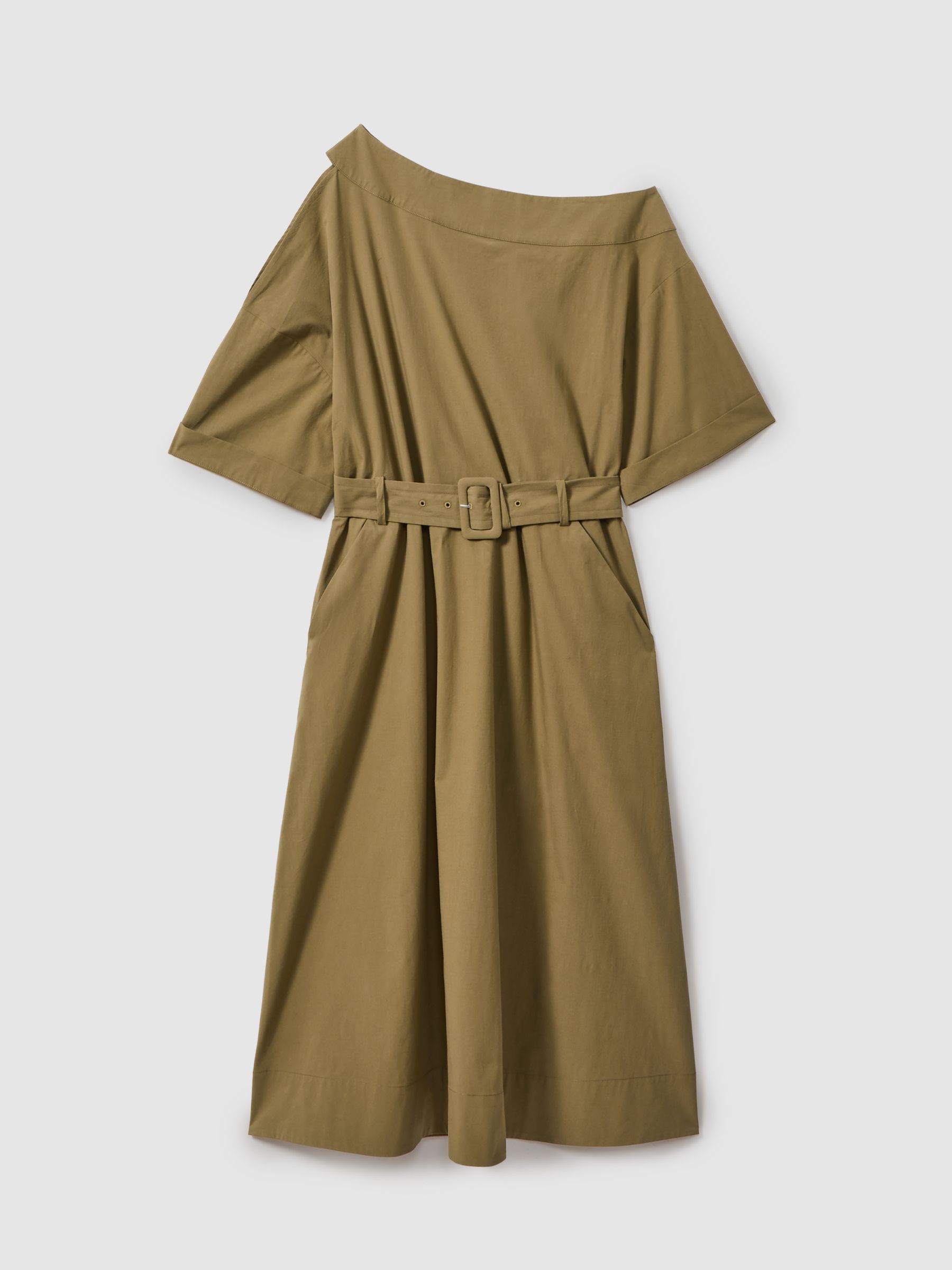 Off The Shoulder Belted Midi Dress in Khaki - Image 2 of 6
