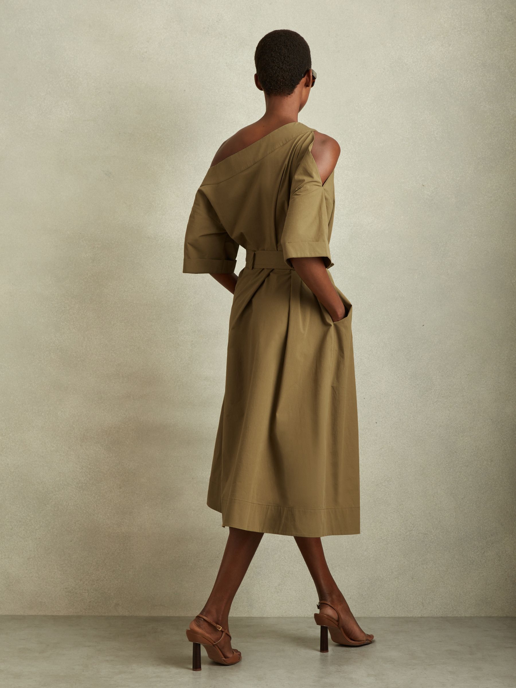 Off The Shoulder Belted Midi Dress in Khaki - Image 3 of 6