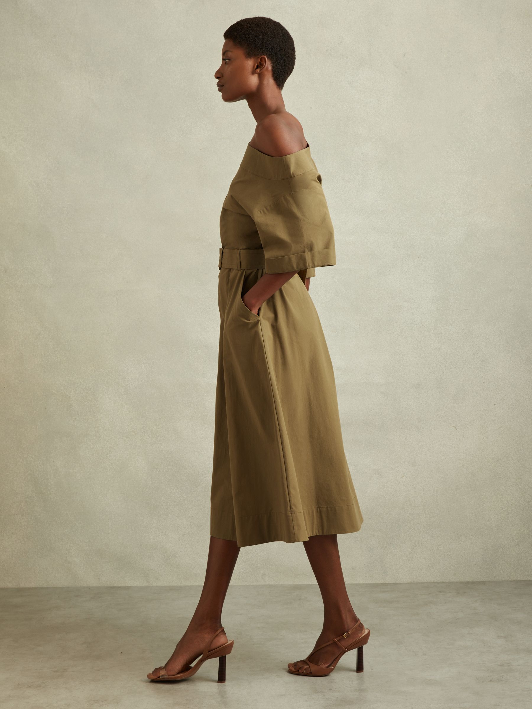Reiss Off The Shoulder Belted Midi Dress in Khaki | REISS