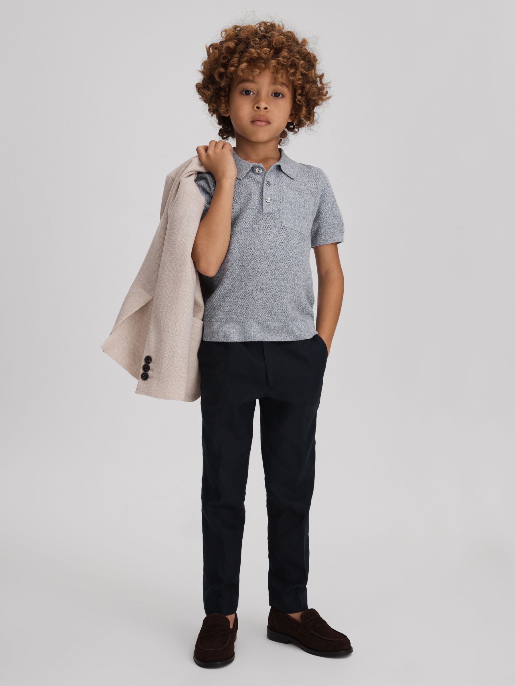 3-9 yrs Textured Cotton Polo Shirt in Blue Melange - Image 1 of 4