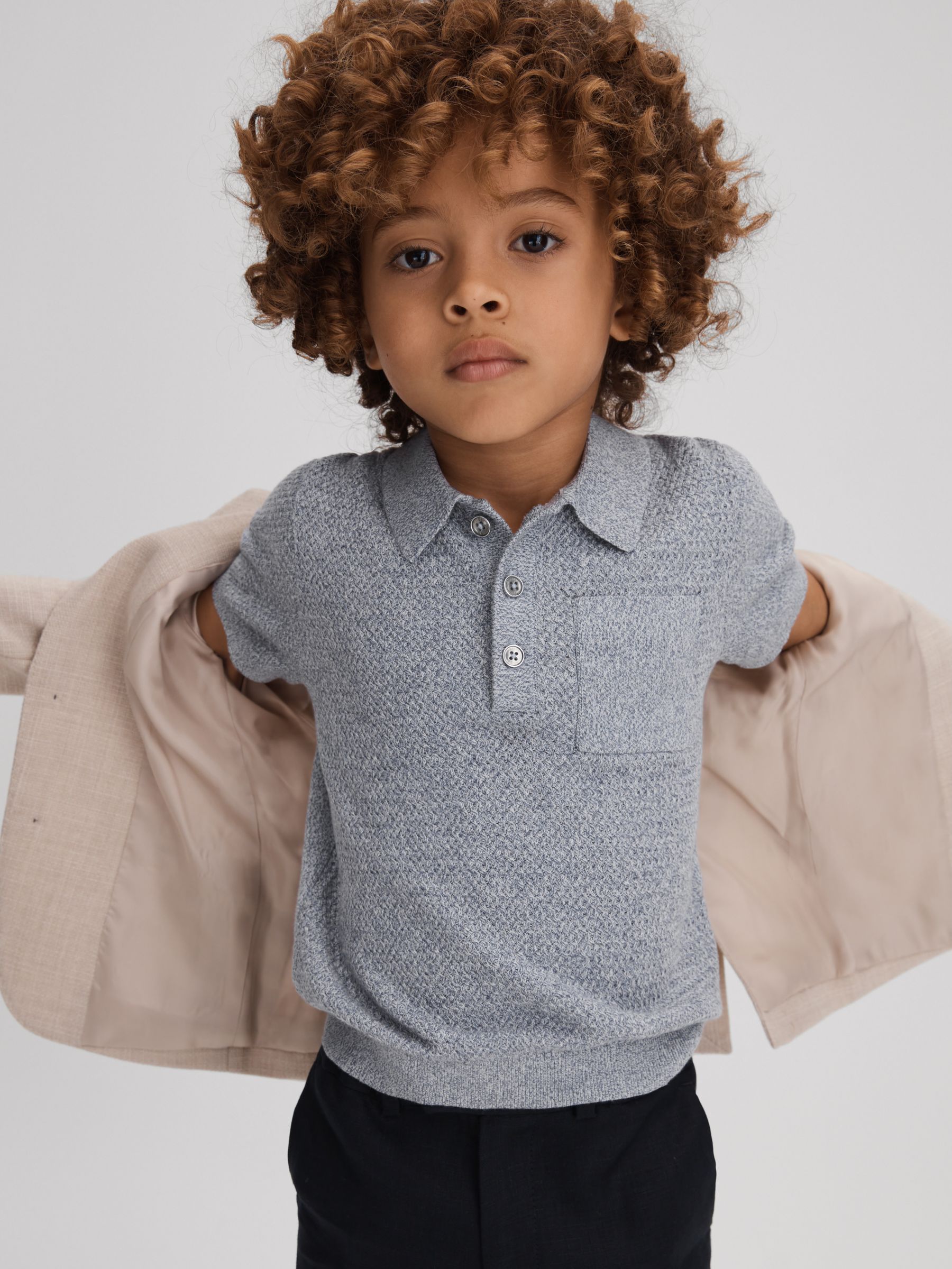 3-9 yrs Textured Cotton Polo Shirt in Blue Melange - Image 3 of 4