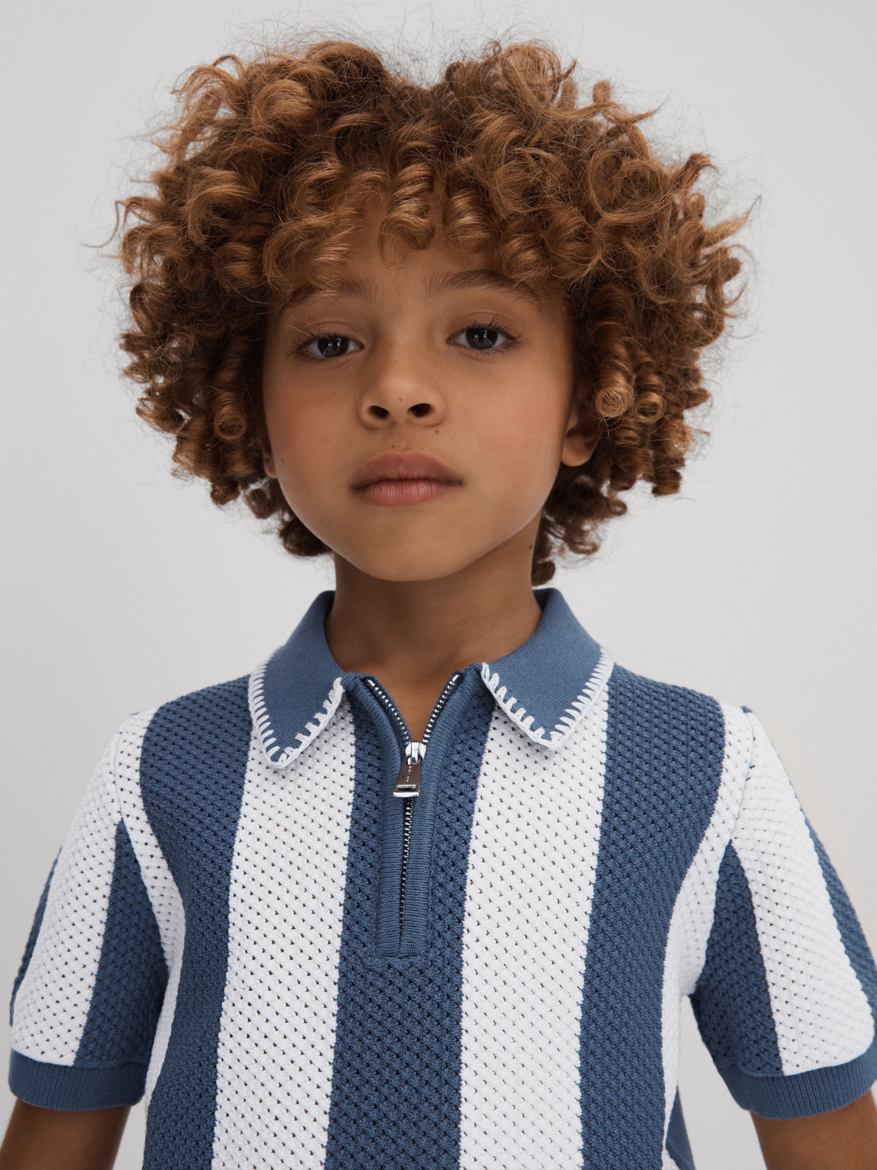 9-13 yrs Knitted Striped Half-Zip Polo Shirt in Airforce Blue/Ecru - Image 1 of 4 9-13 yrs Knitted Striped Half-Zip Polo Shirt in Airforce Blue/Ecru - Image 1 of 4