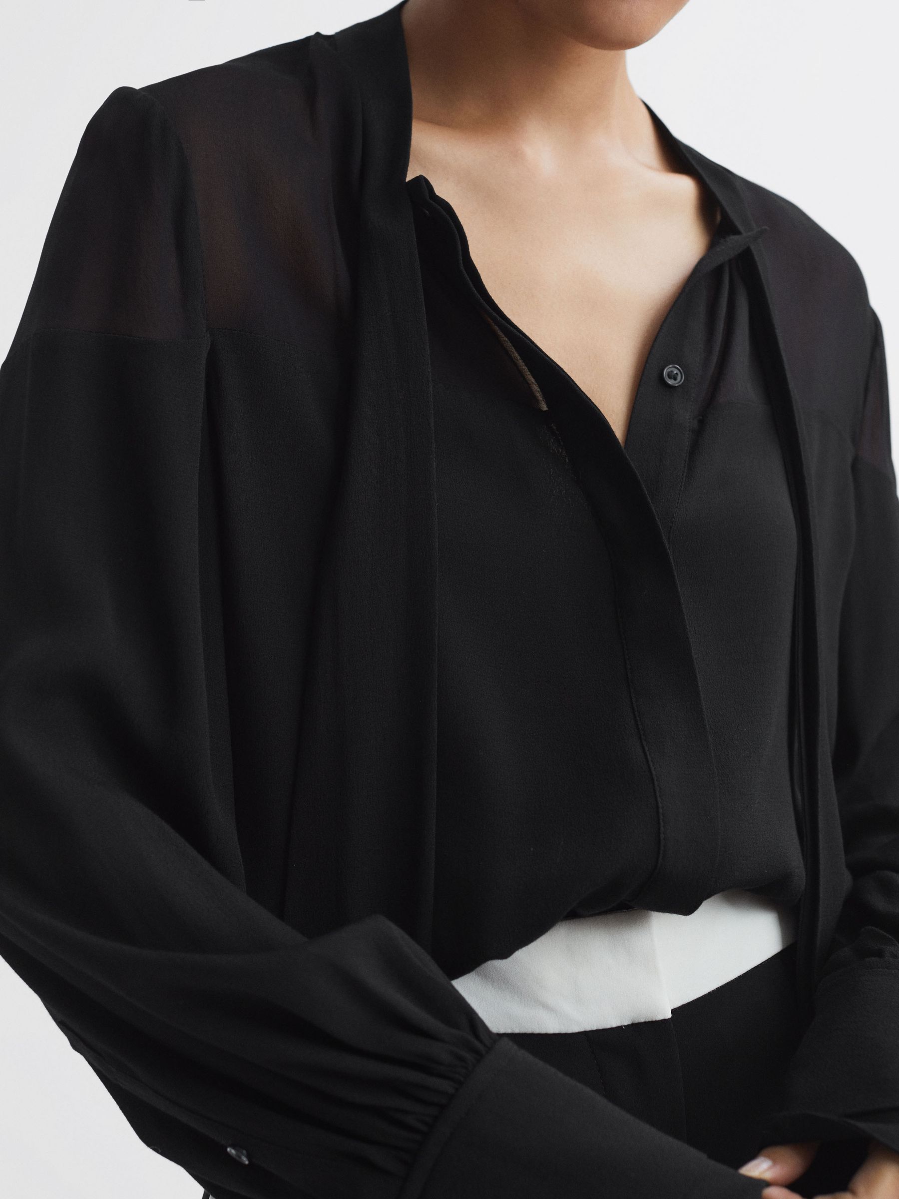 Tie Neck Semi-Sheer Blouse in Black - Image 3 of 5
