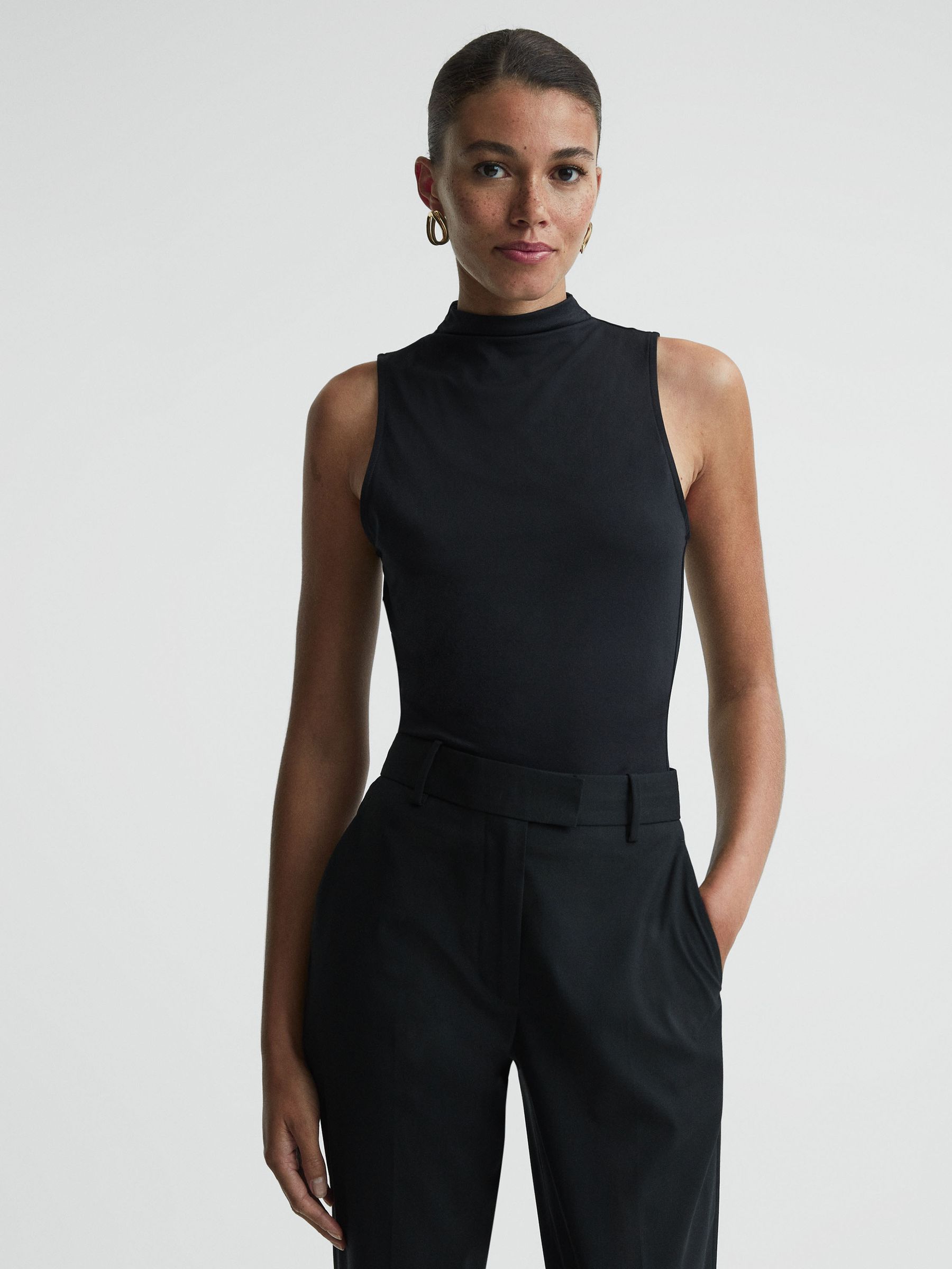 Fitted Ruched High-Neck Top in Black - Image 1 of 4