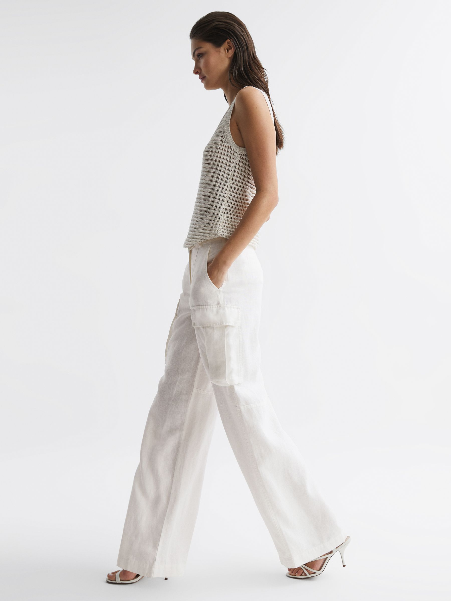 Linen Wide Leg Trousers in White - Image 3 of 7