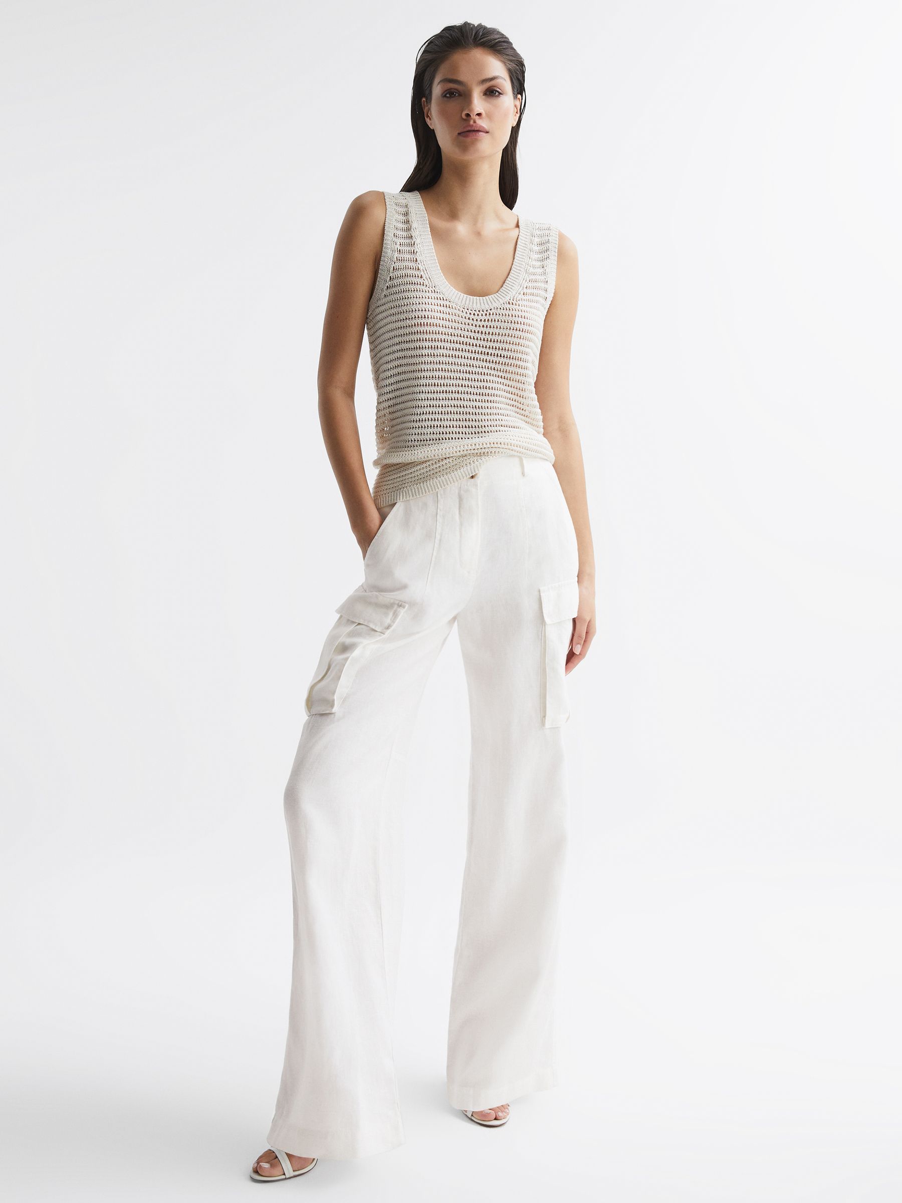 Linen Wide Leg Trousers in White - Image 5 of 7