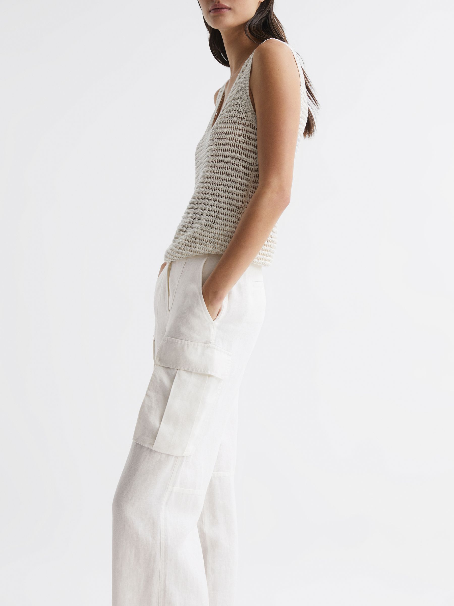Linen Wide Leg Trousers in White - Image 6 of 7