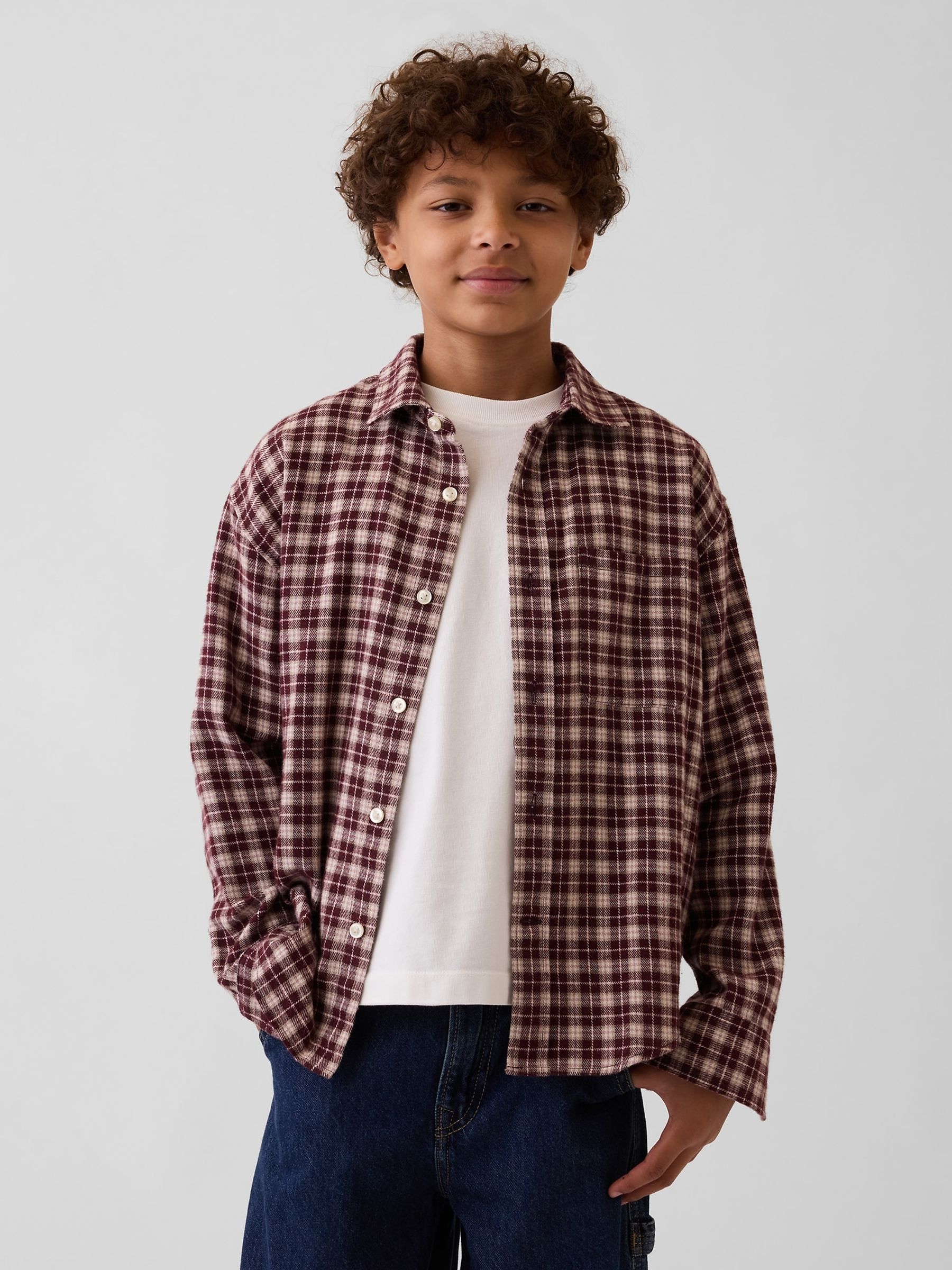 Burgundy Red Check Relaxed Flannel Shirt - Image 1 of 5
