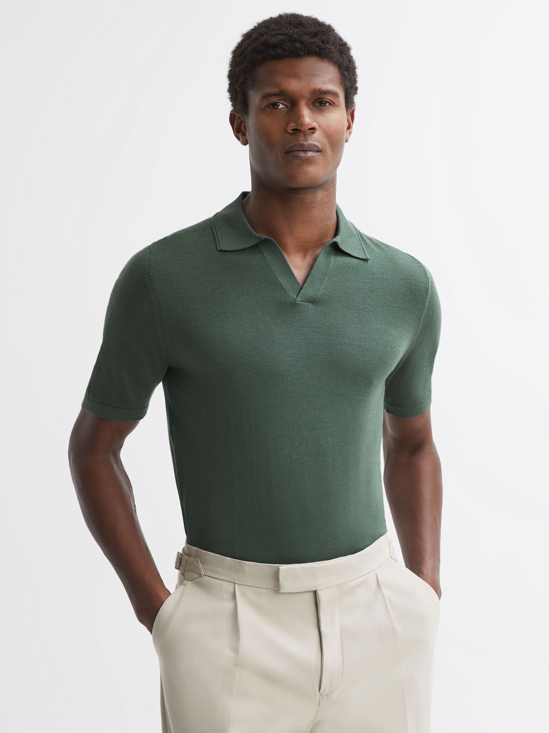 Merino Wool Open Collar Polo Shirt in Ivy Green - Image 1 of 5 Merino Wool Open Collar Polo Shirt in Ivy Green - Image 1 of 5