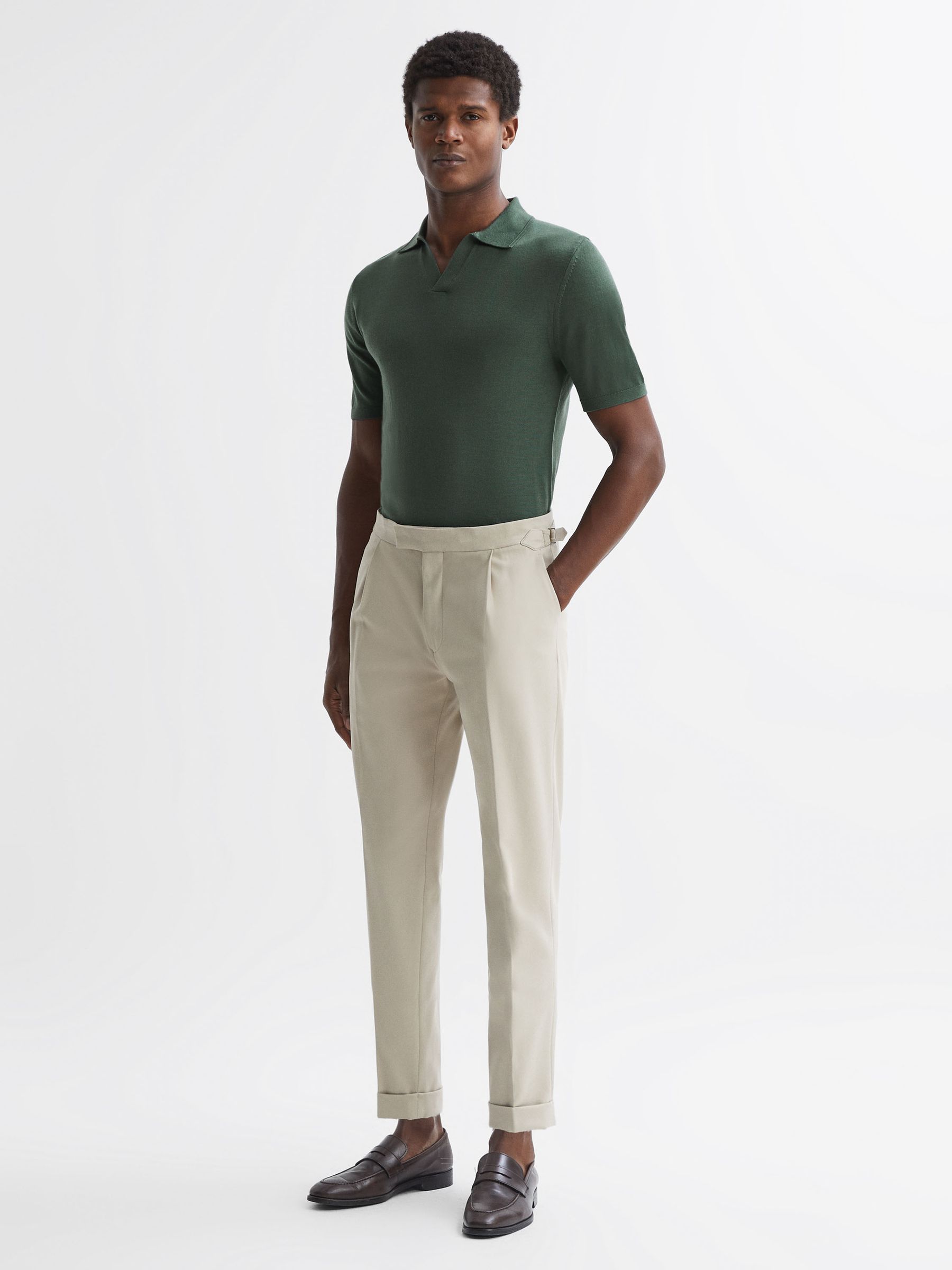 Merino Wool Open Collar Polo Shirt in Ivy Green - Image 3 of 5