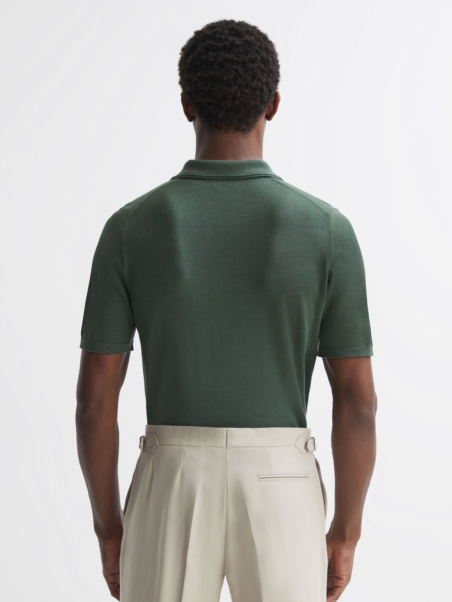 Merino Wool Open Collar Polo Shirt in Ivy Green - Image 5 of 5
