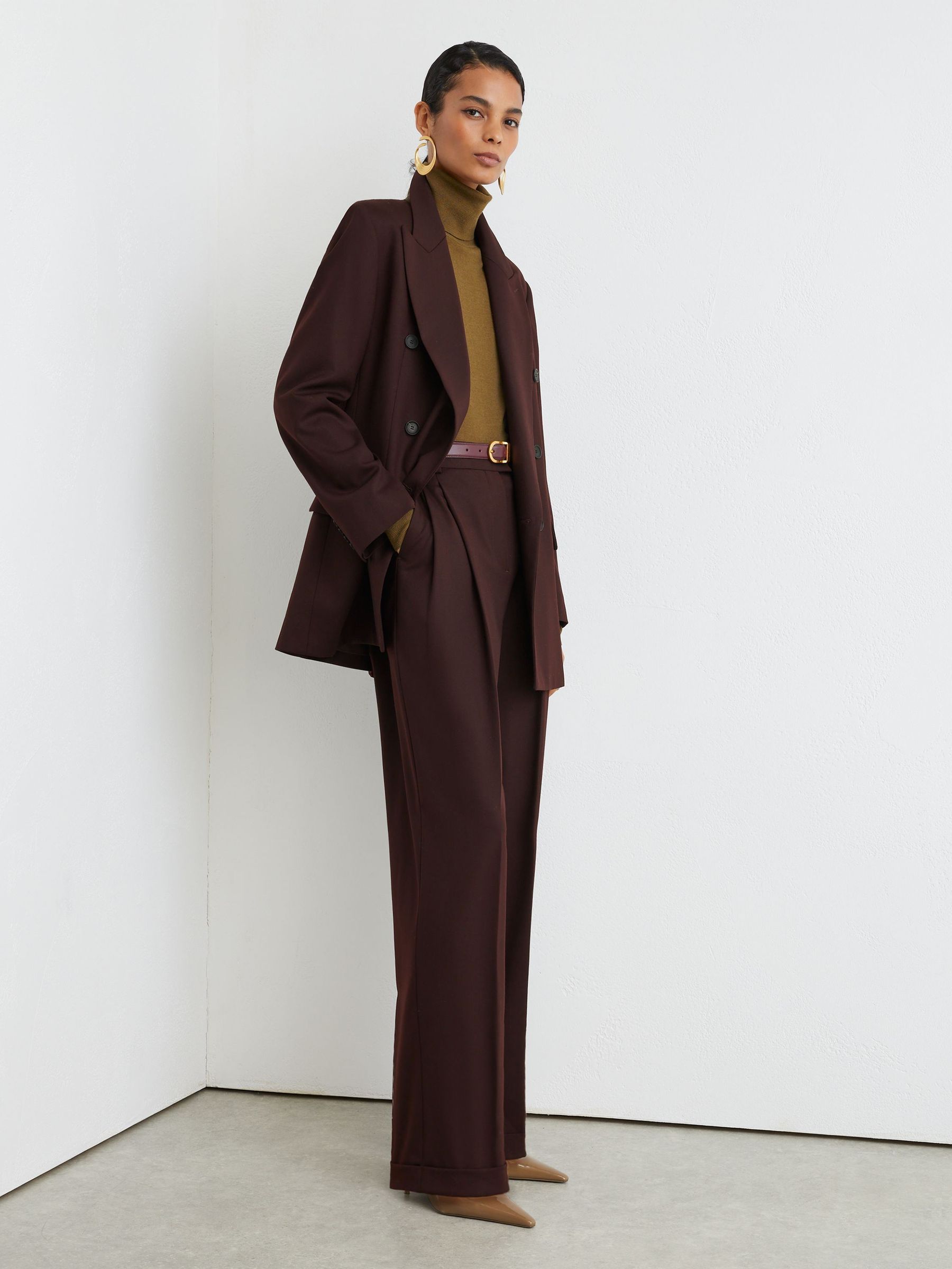 Petite Wool-Blend Wide-Leg Pleated Suit Trousers in Dark Aubergine - Image 1 of 8