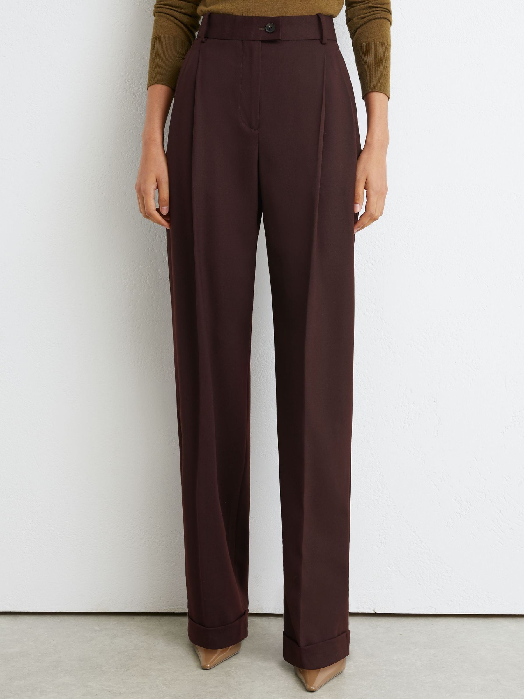 Petite Wool-Blend Wide-Leg Pleated Suit Trousers in Dark Aubergine - Image 4 of 8