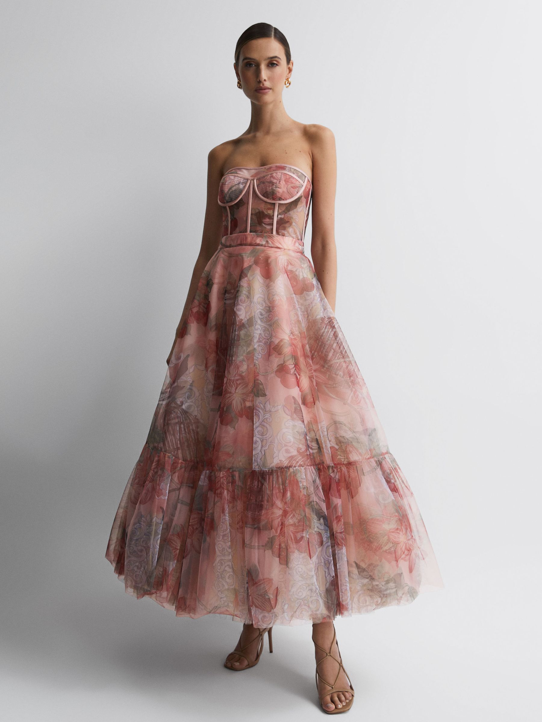 Leo Lin Bustier Tulle Midi Dress in Azalea Print Fortune - Image 1 of 5 Leo Lin Bustier Tulle Midi Dress in Azalea Print Fortune - Image 1 of 5