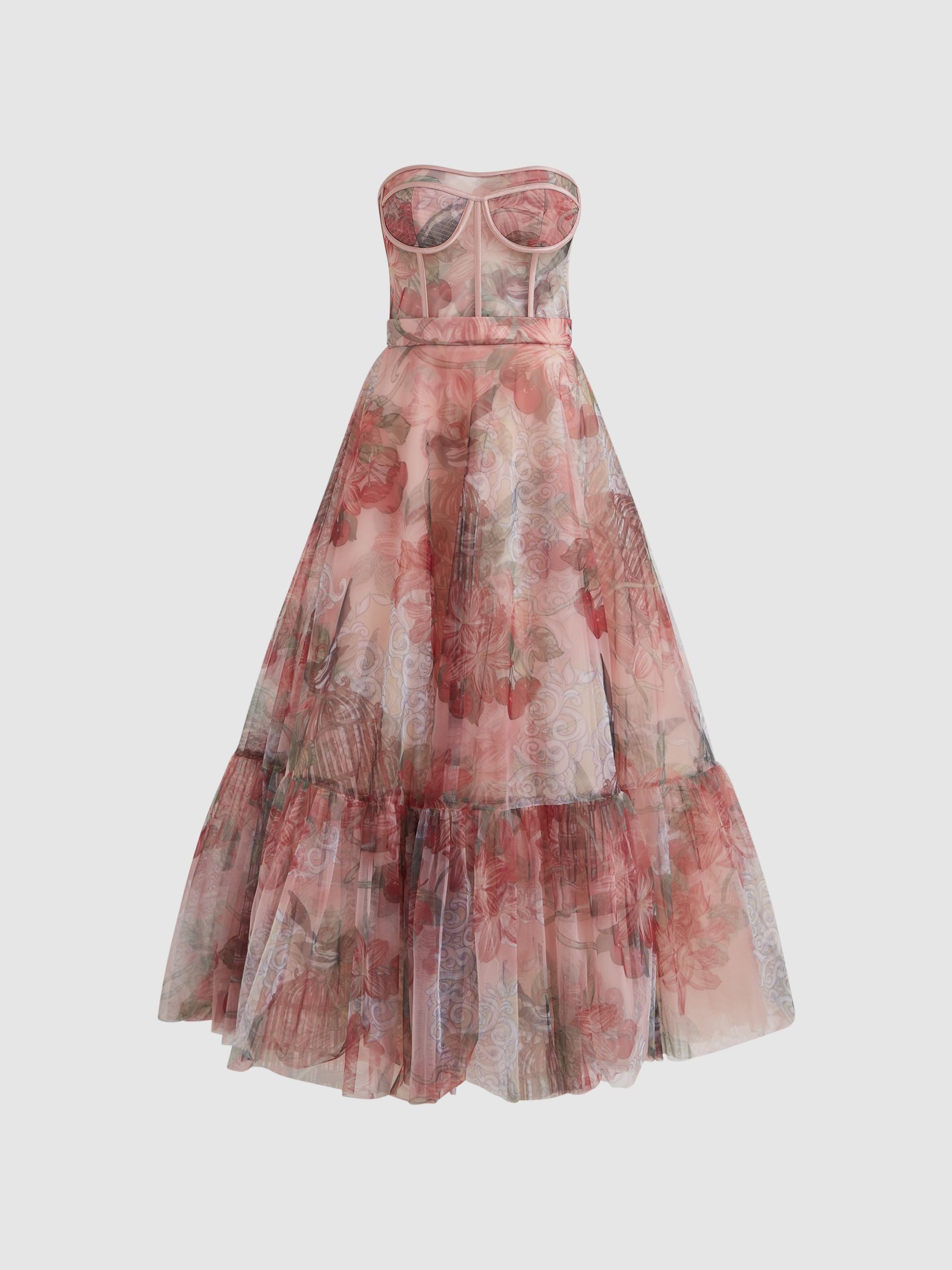 Leo Lin Bustier Tulle Midi Dress in Azalea Print Fortune - Image 2 of 5