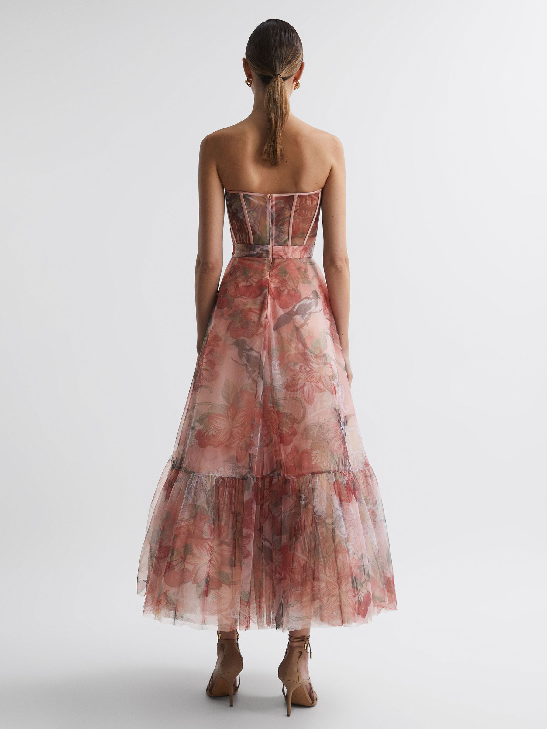 Reiss Leo Lin Bustier Tulle Midi Dress in Azalea Print Fortune - REISS