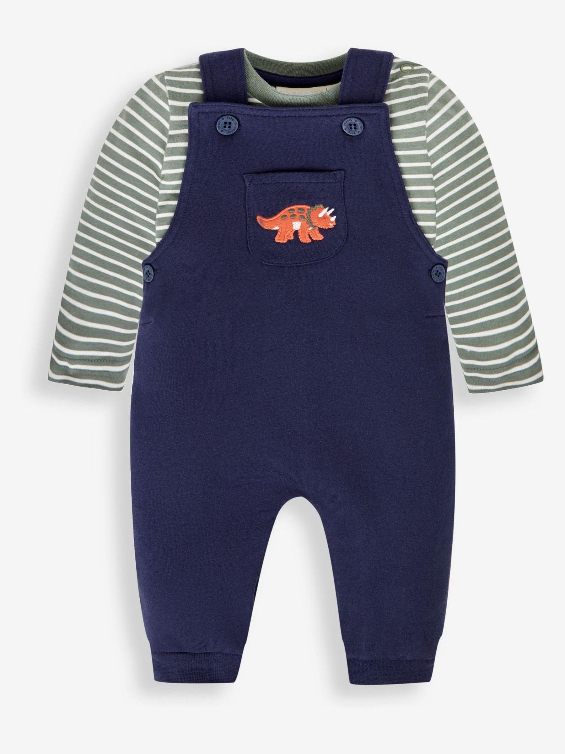 Navy Blue Triceratops Boys' Dino Appliqué Dungarees & Stripe Top Set - Image 4 of 9