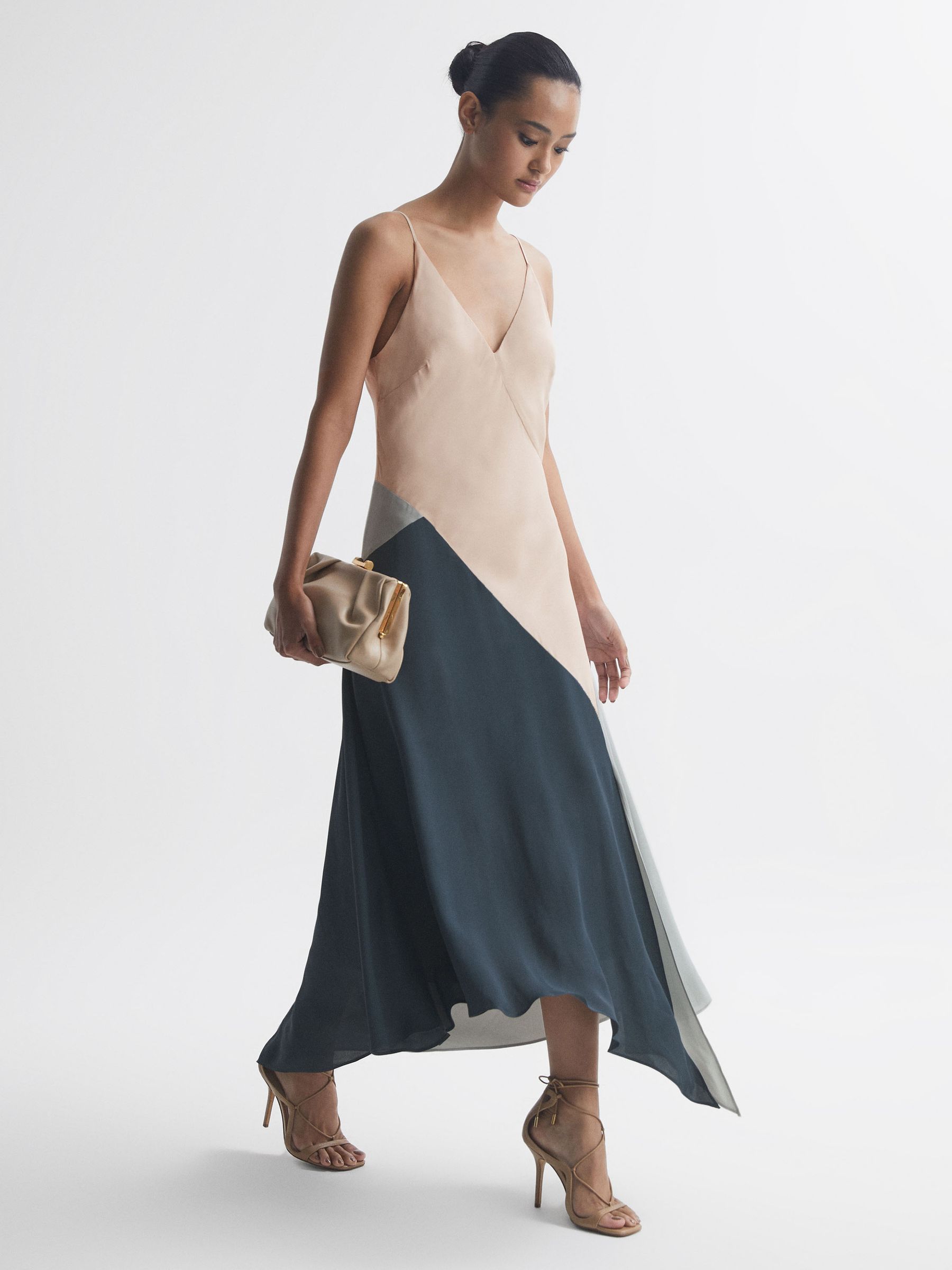 Fitted Asymmetric Midi Dress in Nude - Image 3 of 6