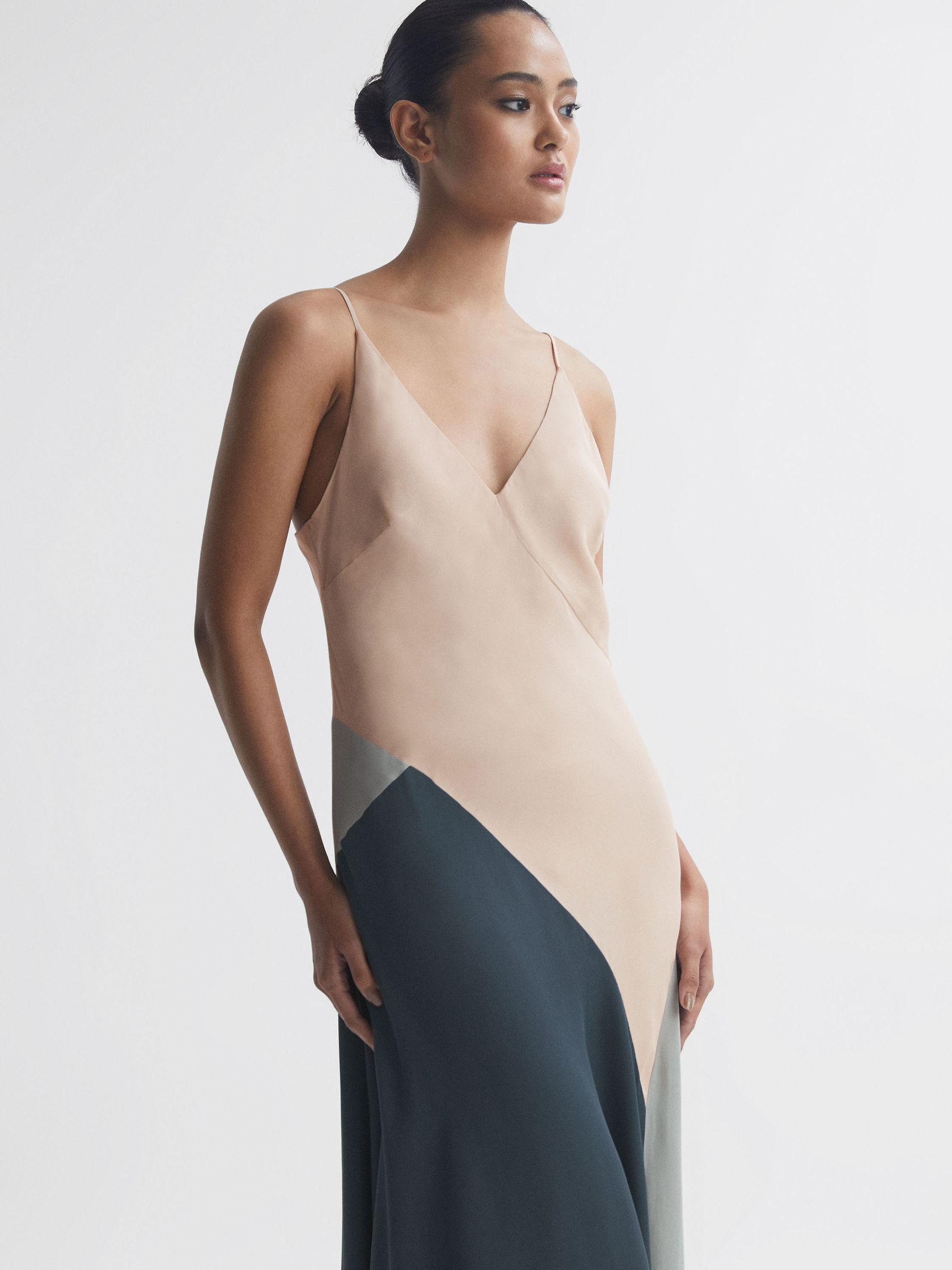 Fitted Asymmetric Midi Dress in Nude - Image 4 of 6