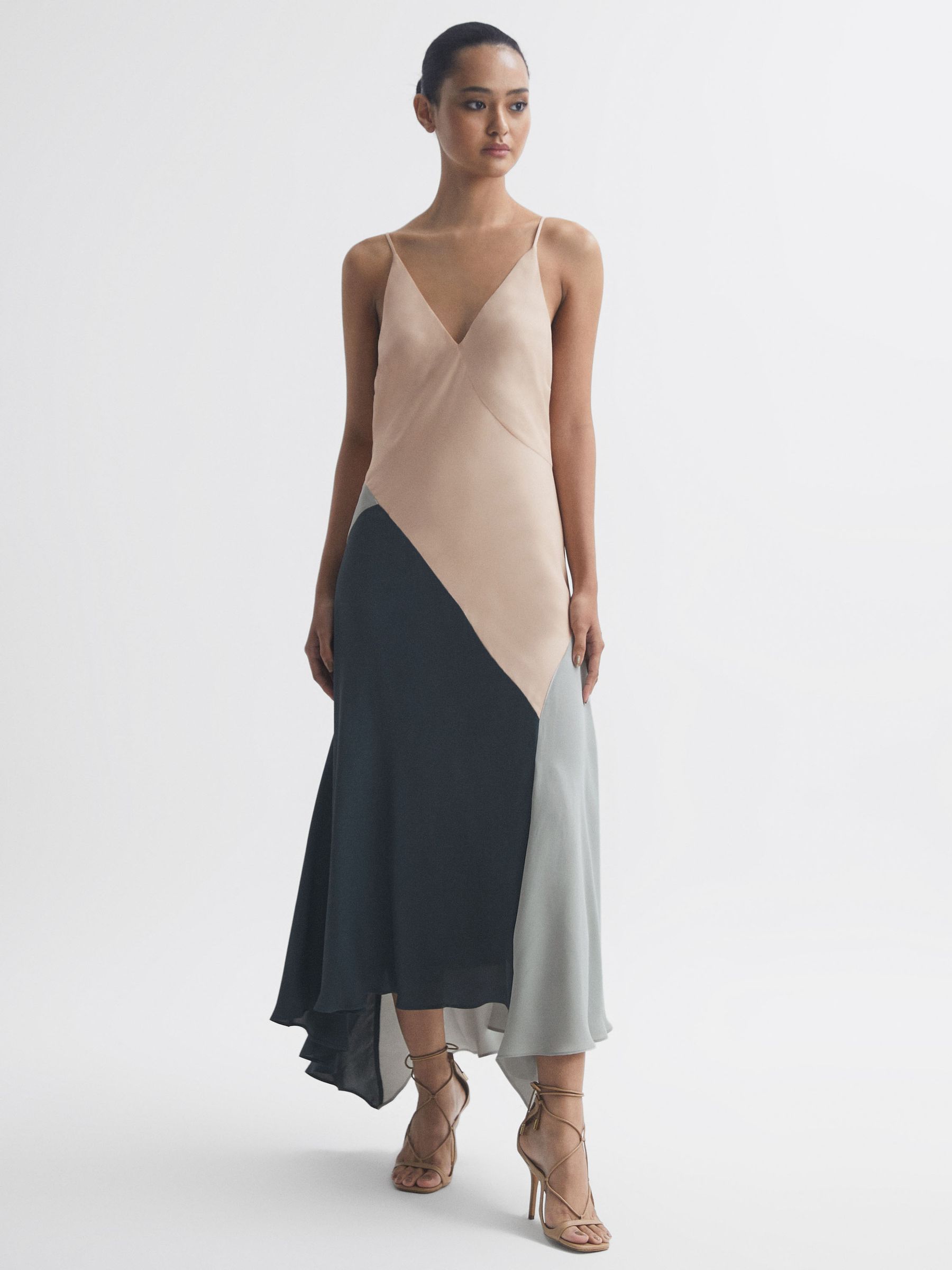 Fitted Asymmetric Midi Dress in Nude - Image 5 of 6