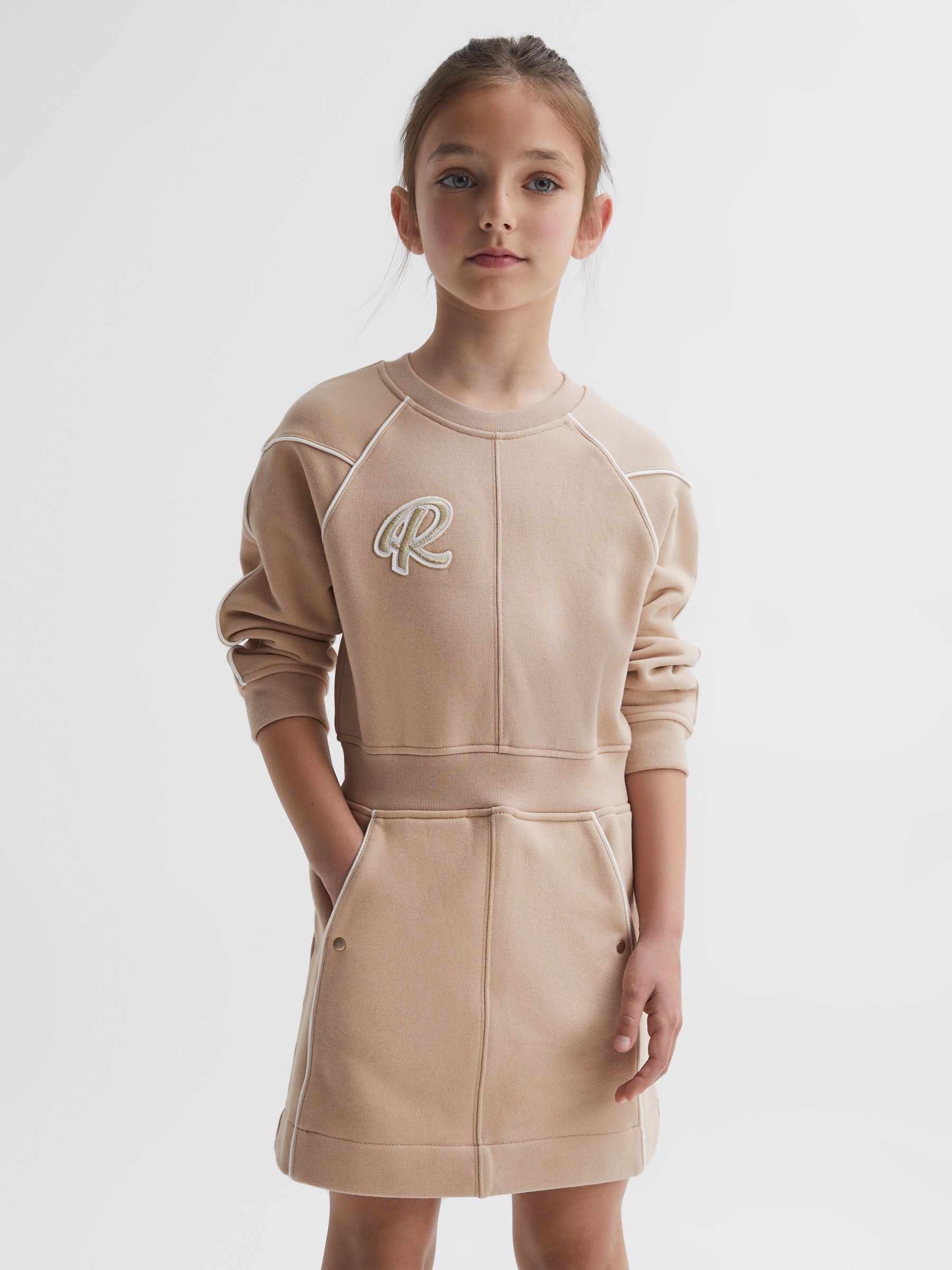 Junior Embroidered Jersey Dress in Camel - Image 1 of 5