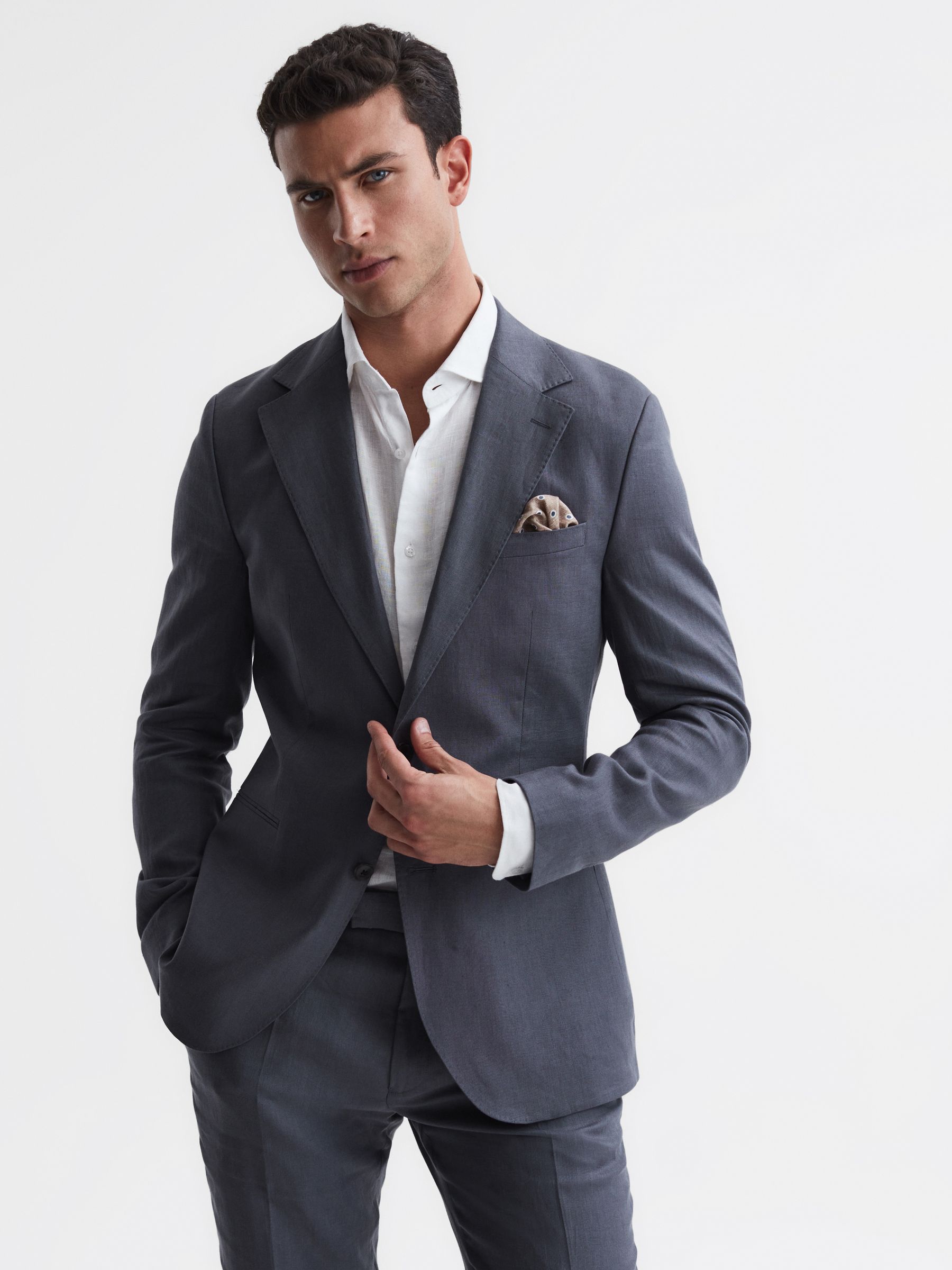Slim Fit Single Breasted Linen Blazer in Airforce Blue - Image 1 of 6