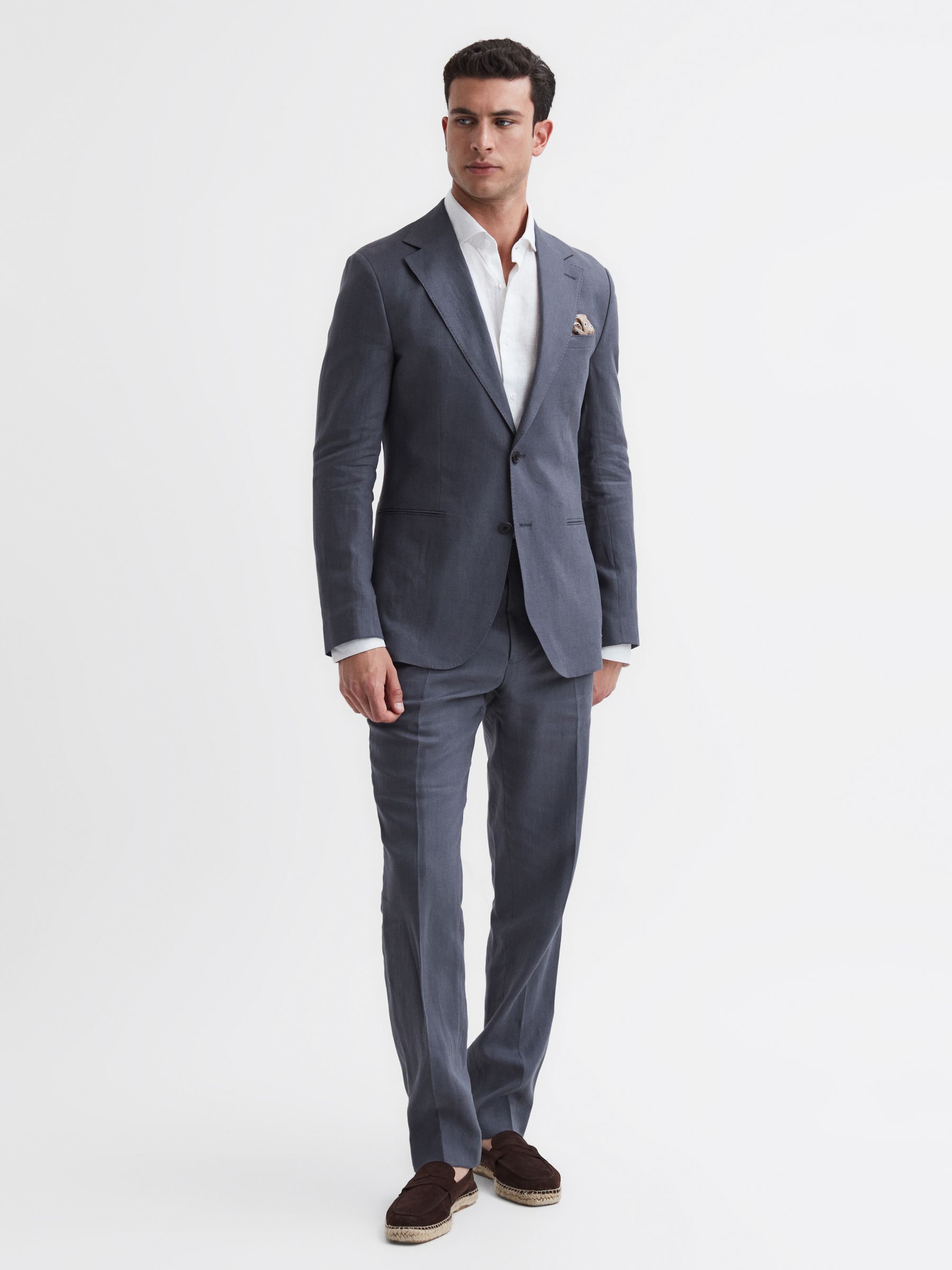 Slim Fit Single Breasted Linen Blazer in Airforce Blue - Image 3 of 6