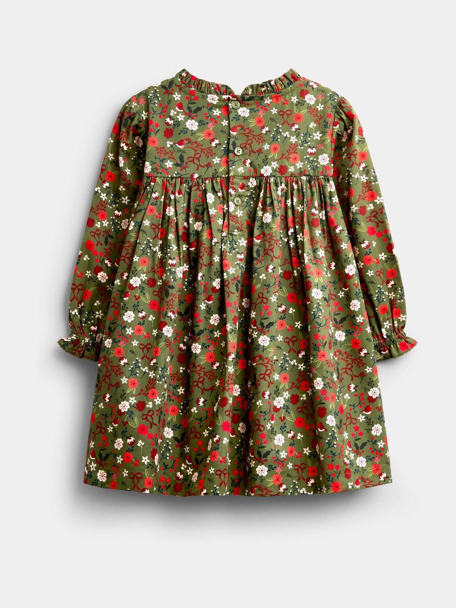 Olive Green Christmas Print Smocked Dress - Image 2 of 4 Olive Green Christmas Print Smocked Dress - Image 2 of 4