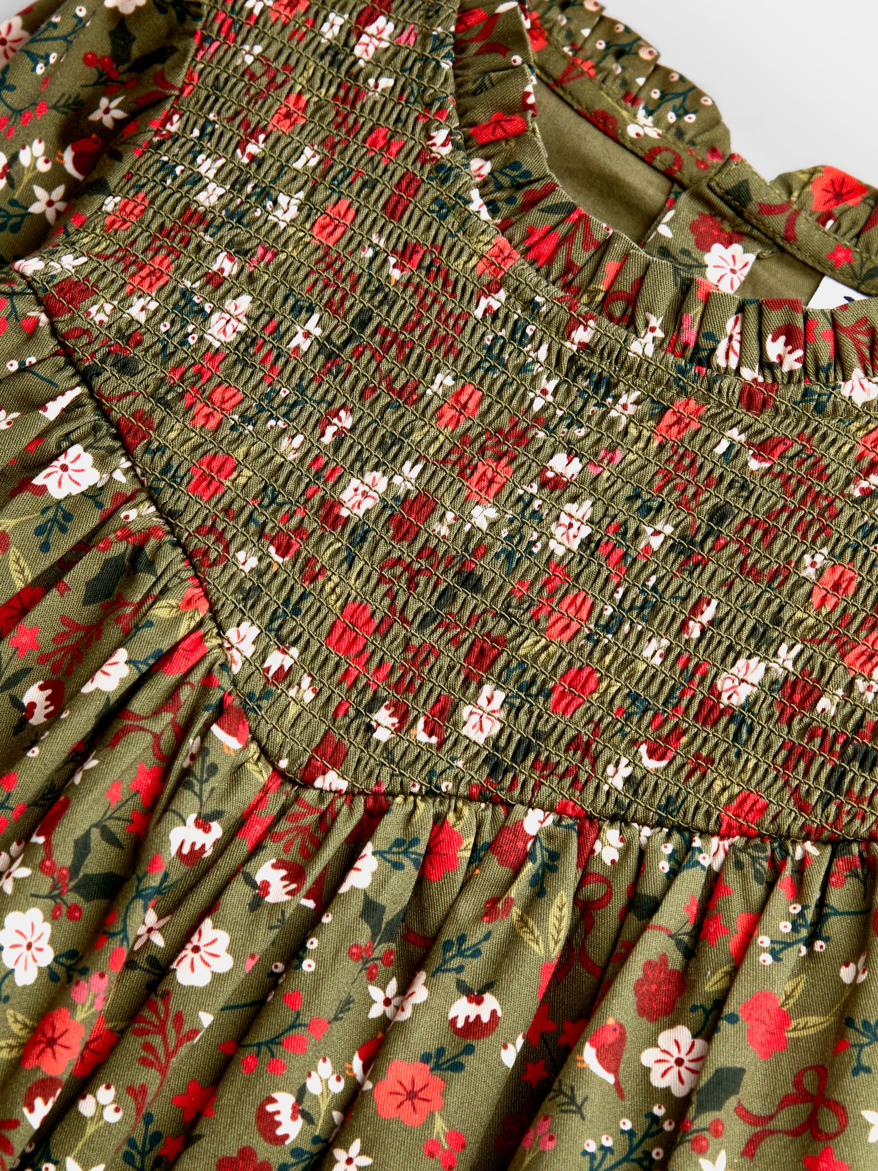 Olive Green Christmas Print Smocked Dress - Image 3 of 4
