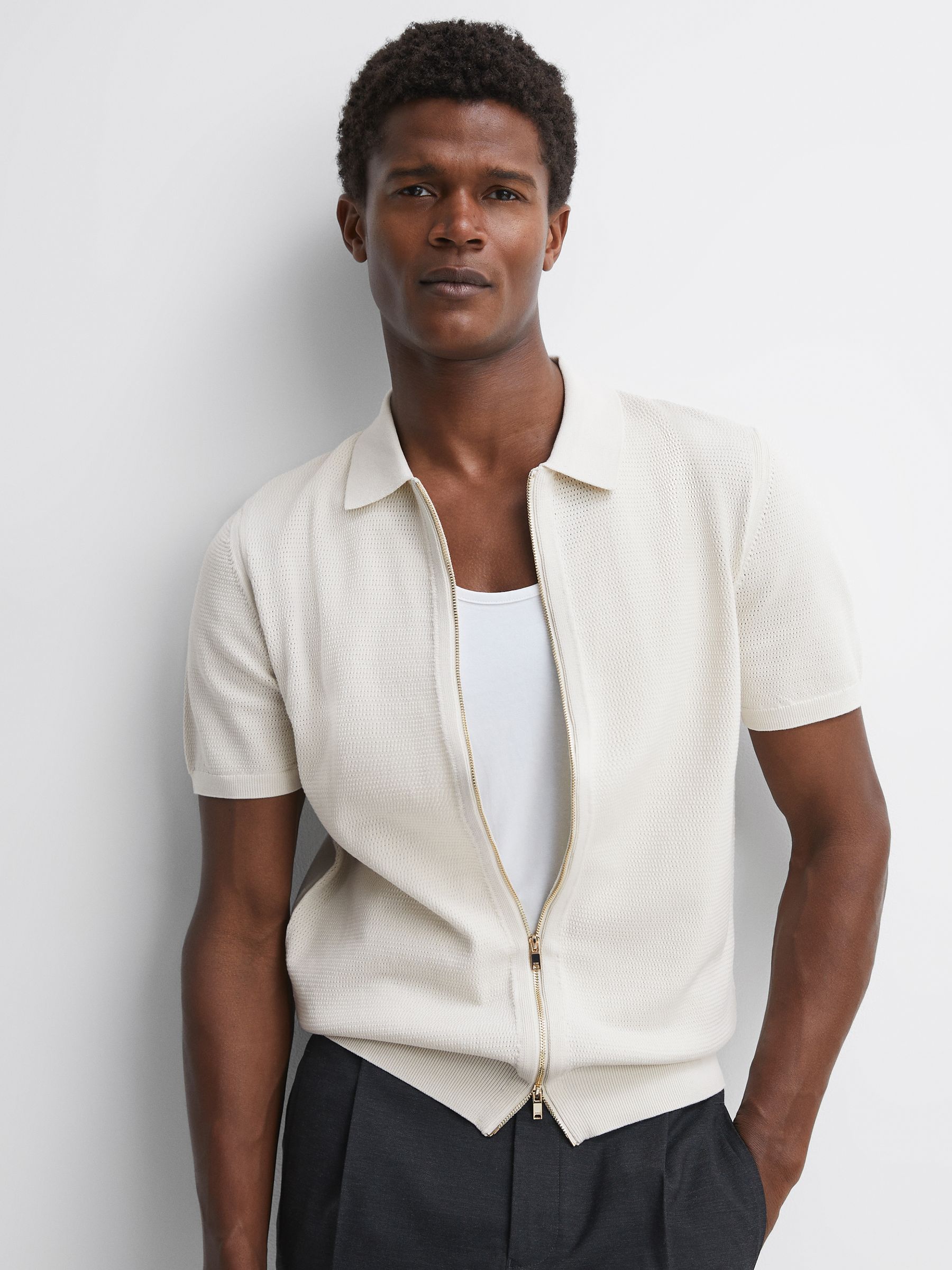 Slim Fit Textured Zip Through T-Shirt in Stone - Image 1 of 4