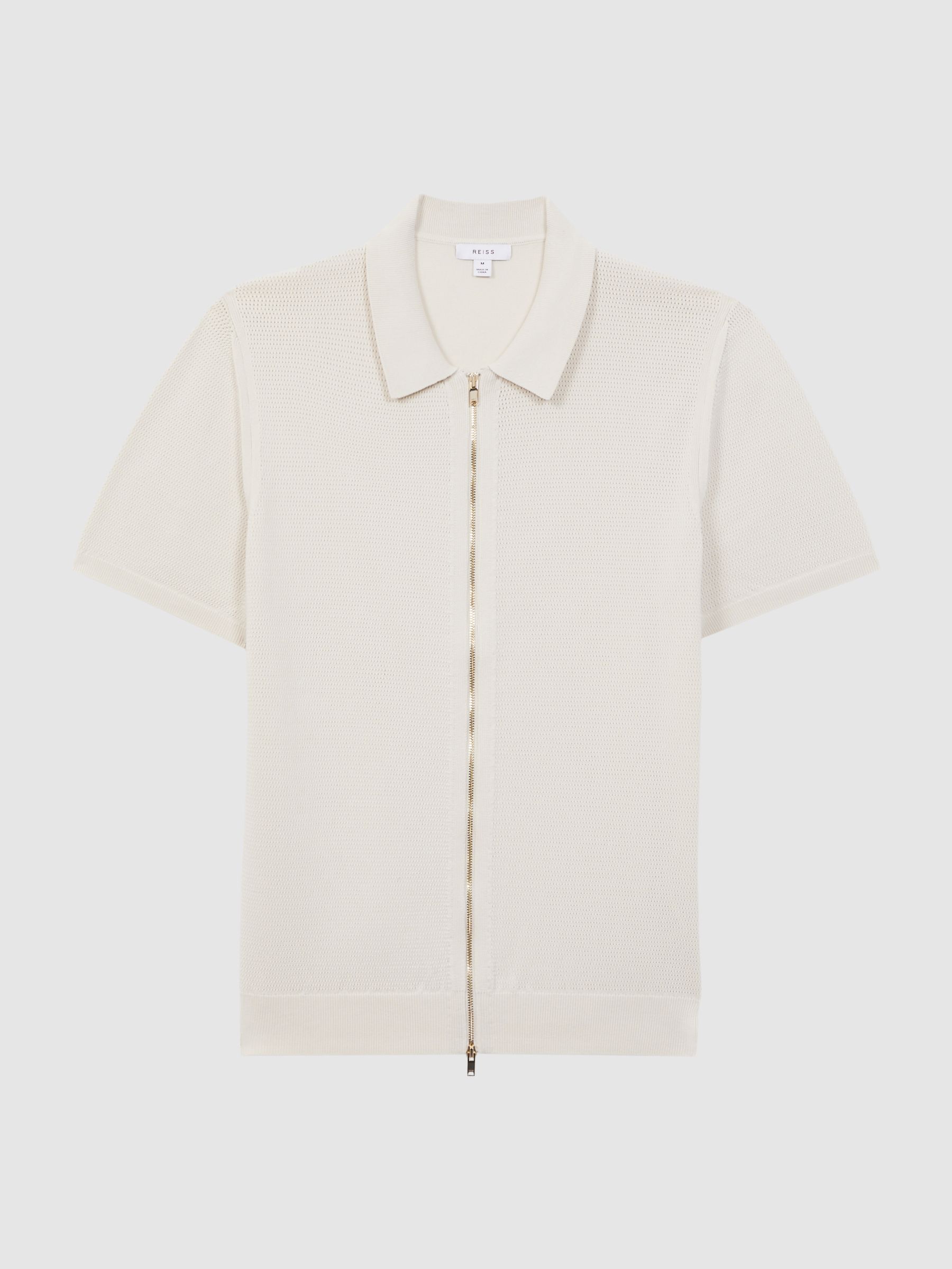 Slim Fit Textured Zip Through T-Shirt in Stone - Image 2 of 4