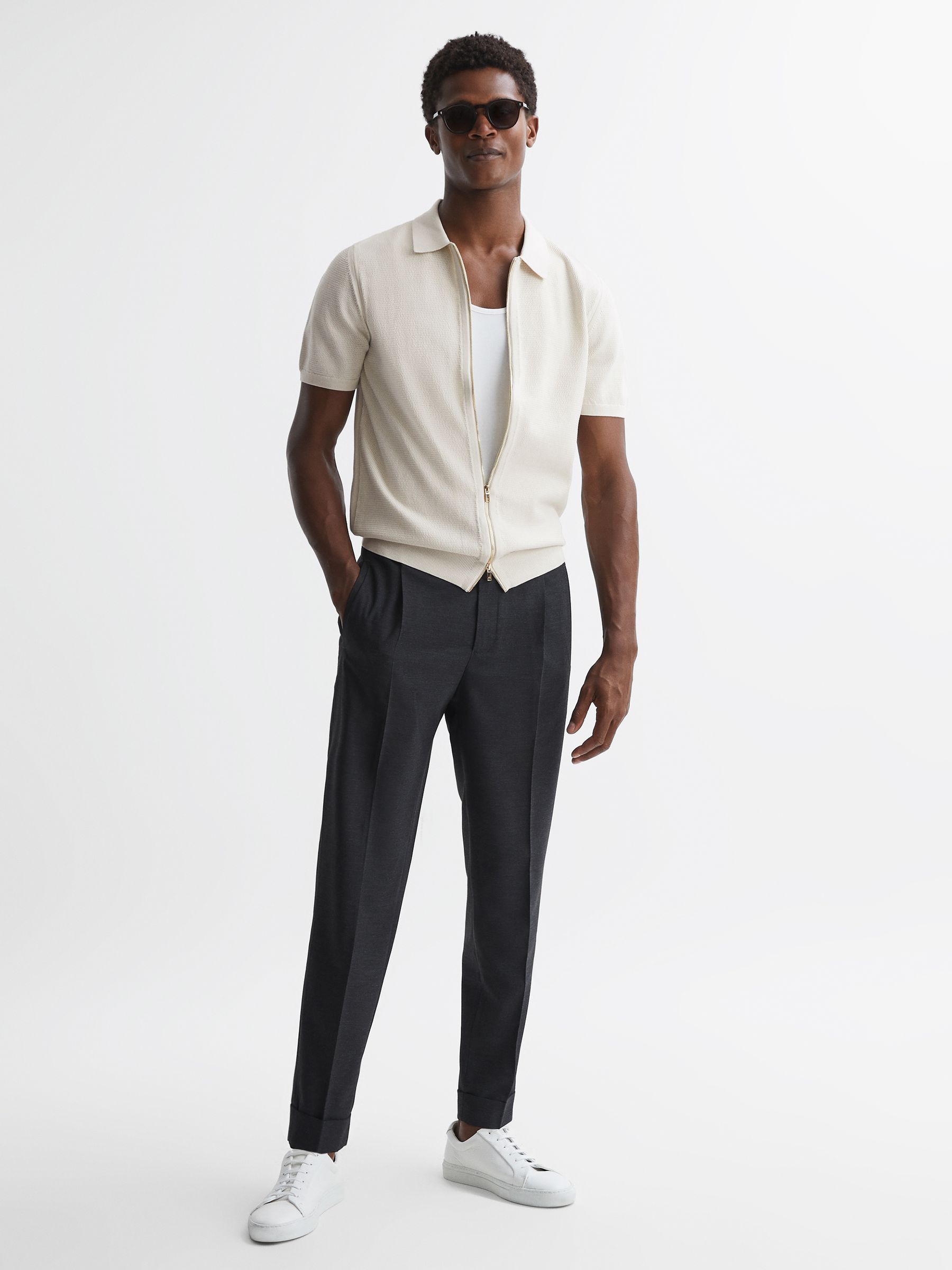 Slim Fit Textured Zip Through T-Shirt in Stone - Image 3 of 4