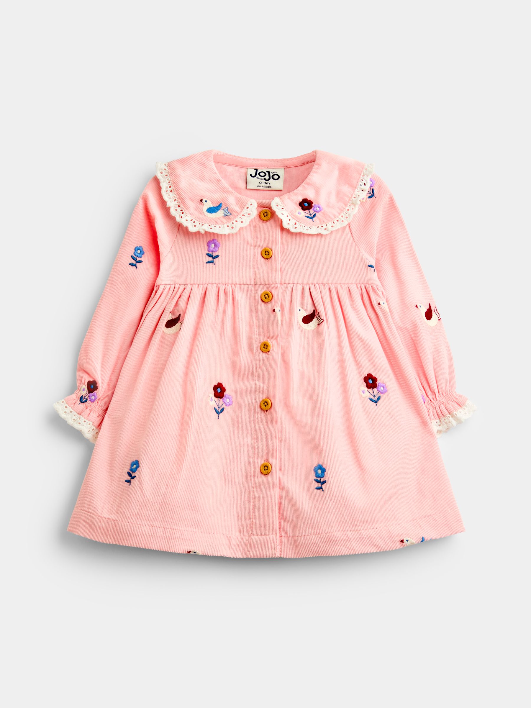 Pink Bird & Floral Embroidered Cord Baby Dress - Image 1 of 4