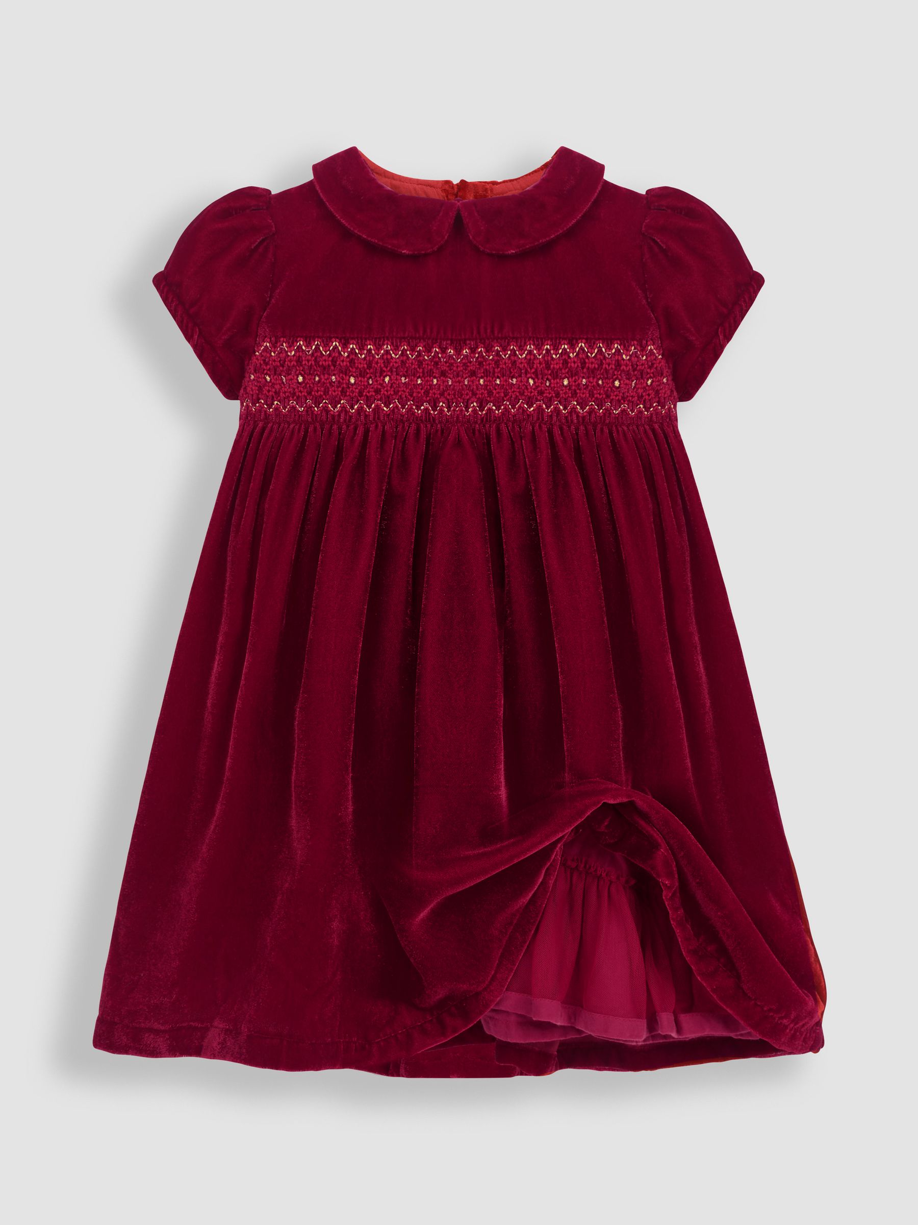 Red Smocked Velvet Party Dress - Image 2 of 5