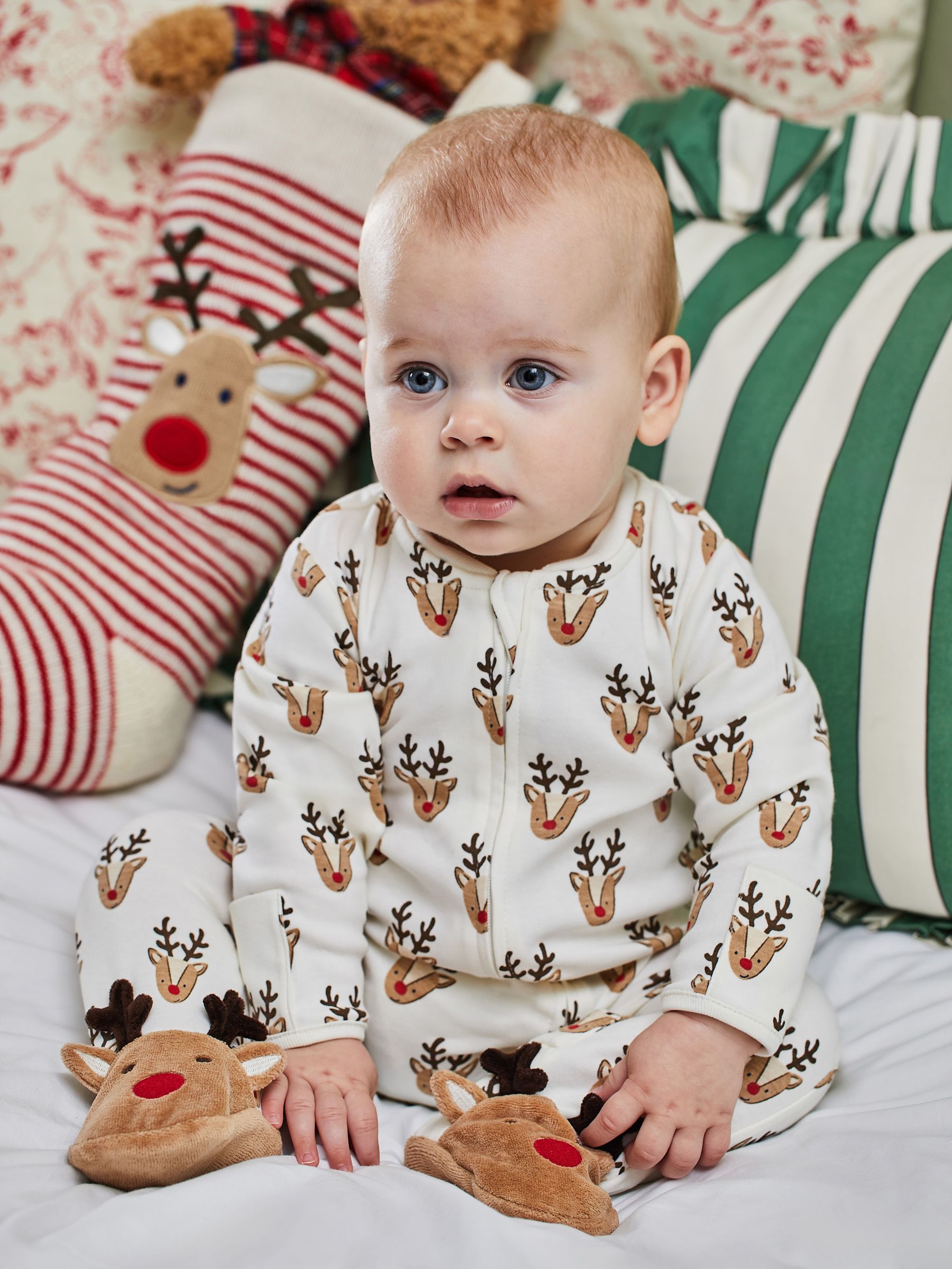 Cream Reindeer Heads Print Zip Sleepsuit - Image 1 of 7