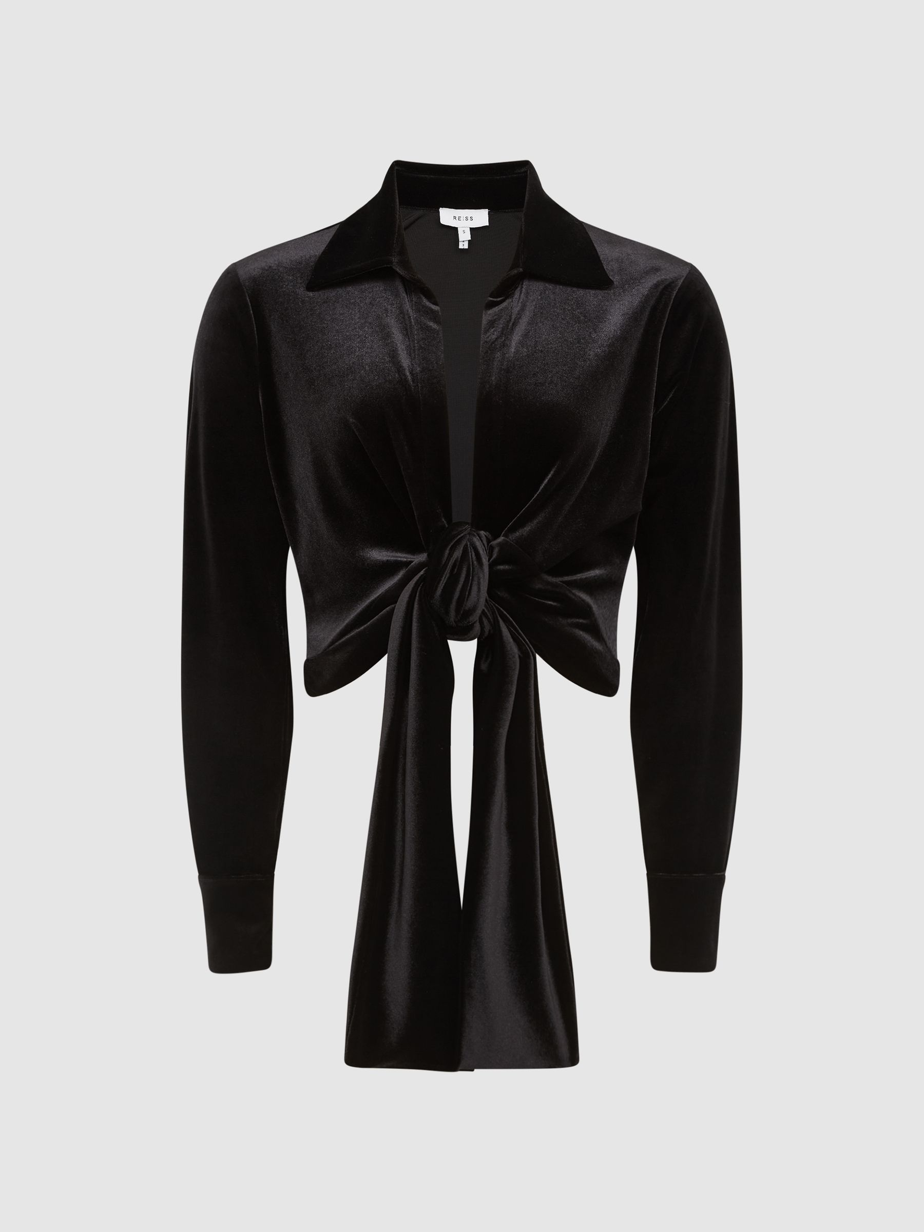 Tie-Front Velvet Crop Top in Black - Image 2 of 7