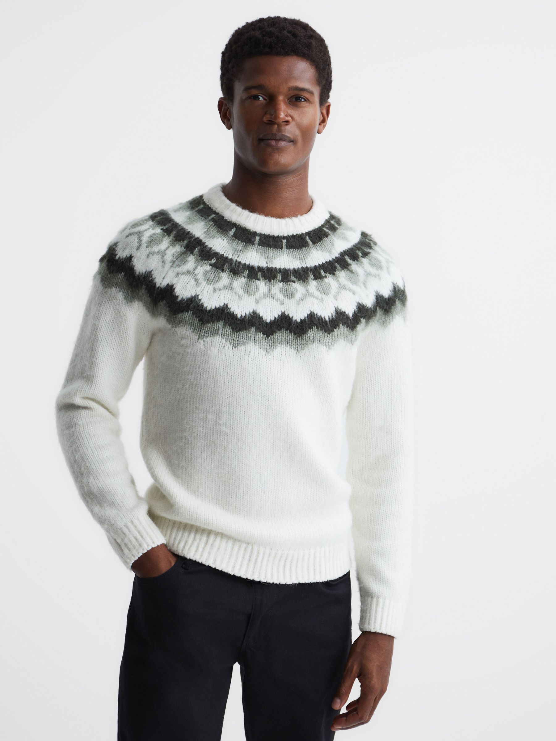Crew Neck Fairisle Pattern Knitted Jumper in Ecru/Sage - Image 1 of 6