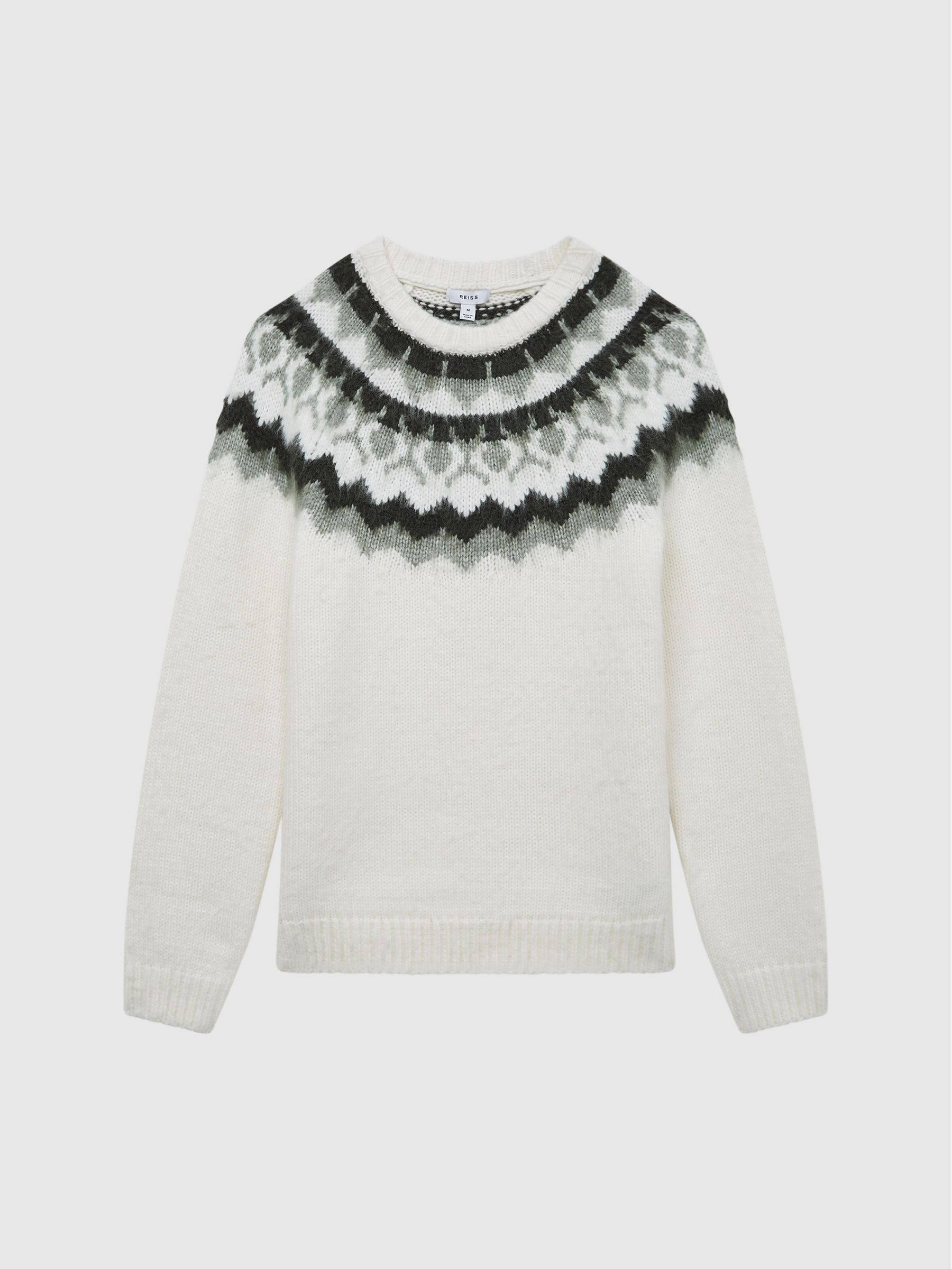 Crew Neck Fairisle Pattern Knitted Jumper in Ecru/Sage - Image 2 of 6