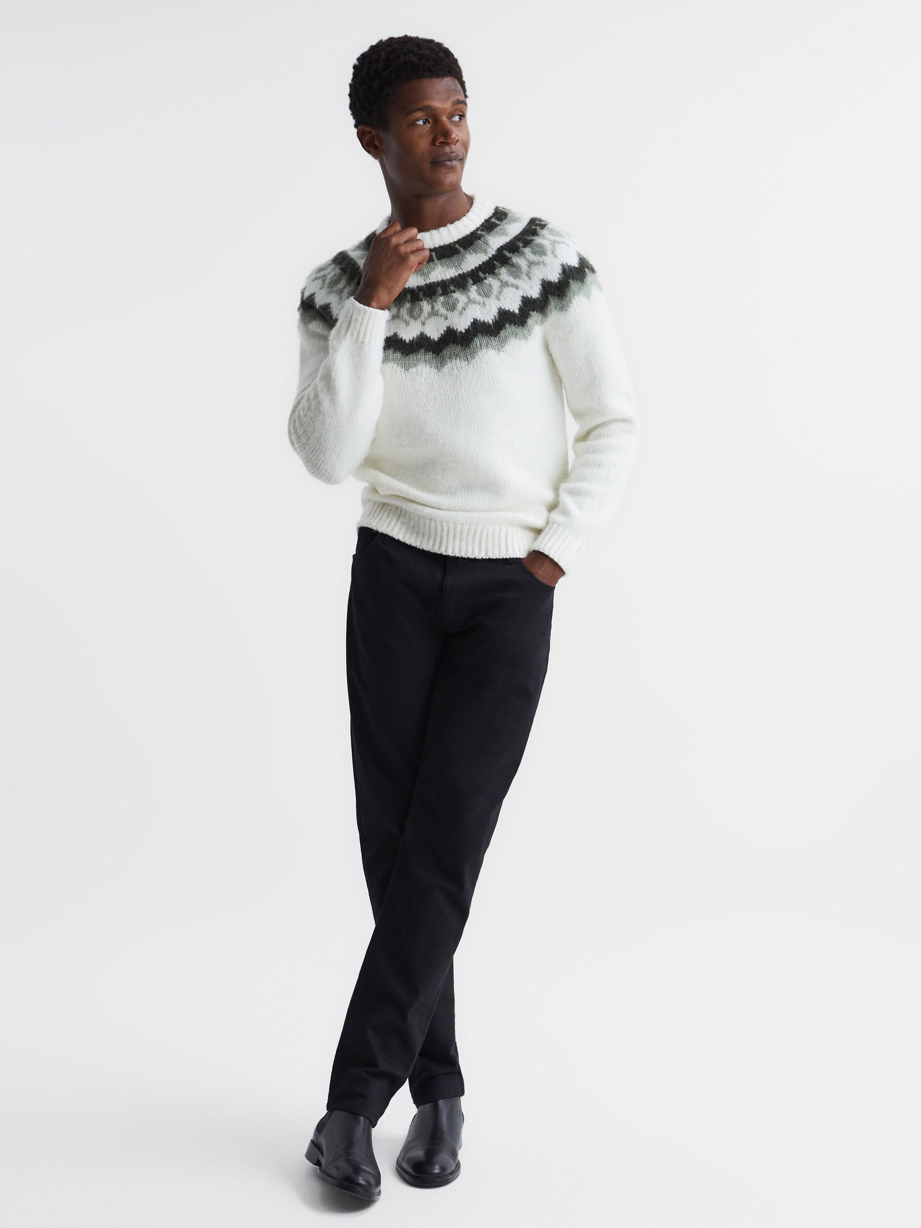 Crew Neck Fairisle Pattern Knitted Jumper in Ecru/Sage - Image 3 of 6