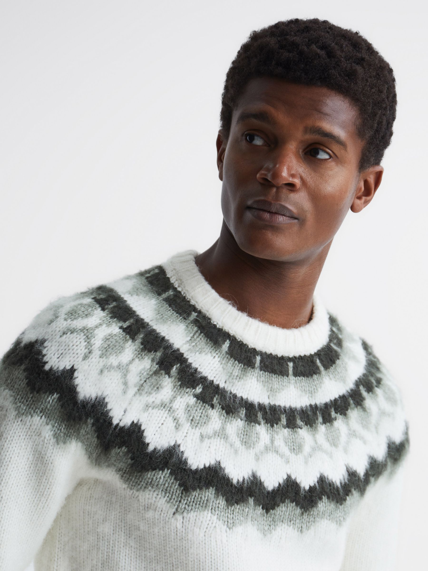 Crew Neck Fairisle Pattern Knitted Jumper in Ecru/Sage - Image 4 of 6