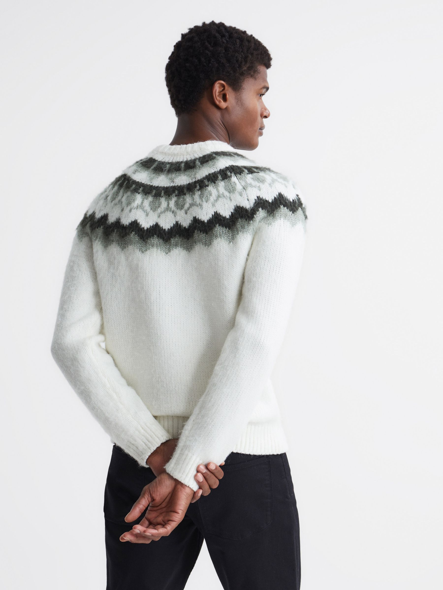 Crew Neck Fairisle Pattern Knitted Jumper in Ecru/Sage - Image 5 of 6