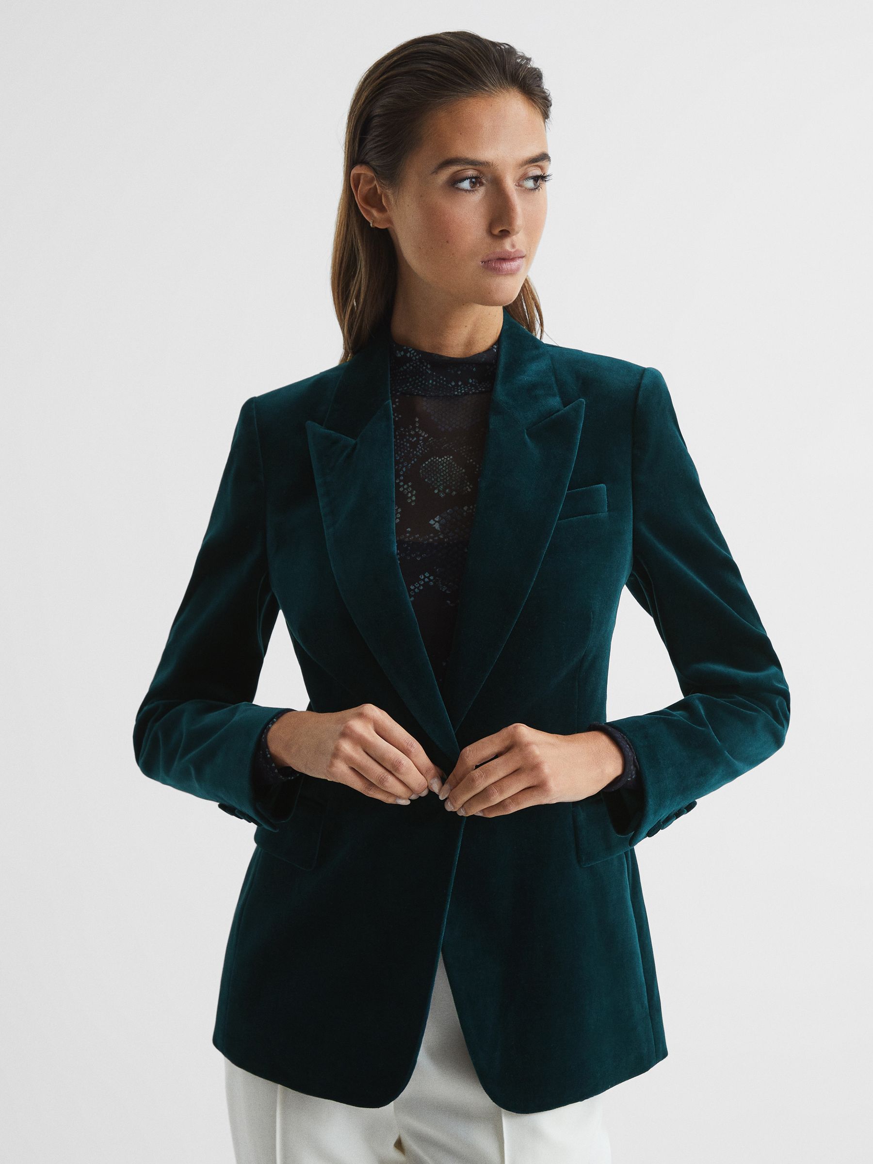 Velvet Blazer in Dark Teal - Image 1 of 7
