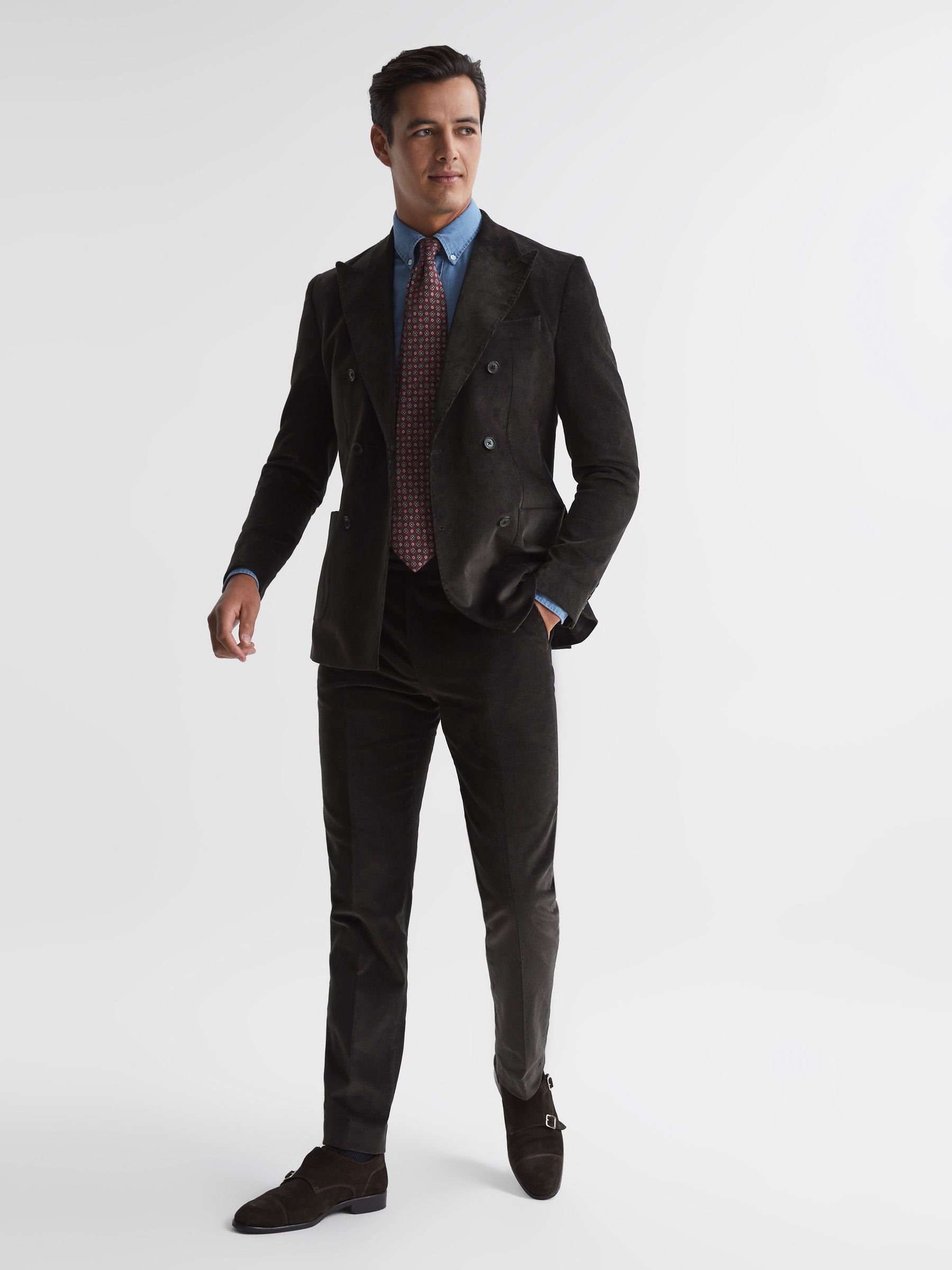 Holborn Chocolate Double Breasted Fine Cord Regular Fit Blazer - Image 7 of 10