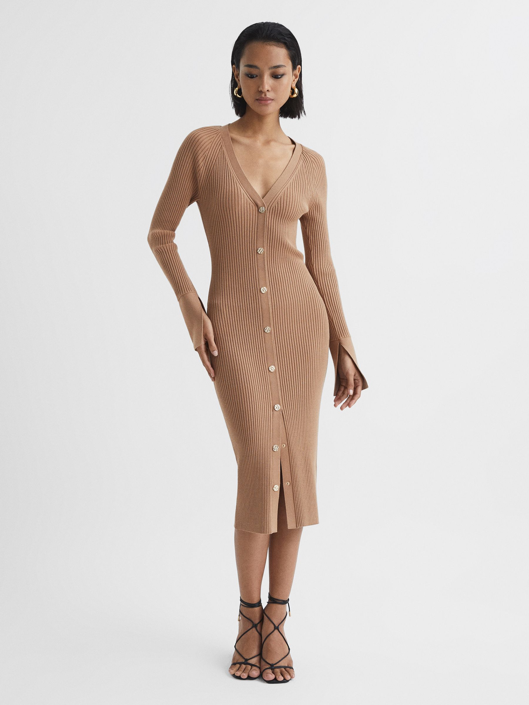 Rib-Knitted Midi Dress in Camel - Image 3 of 7