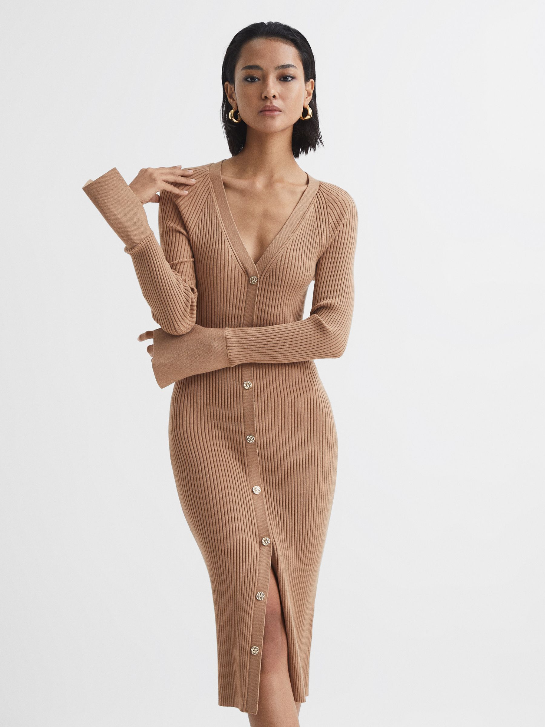 Rib-Knitted Midi Dress in Camel - Image 6 of 7