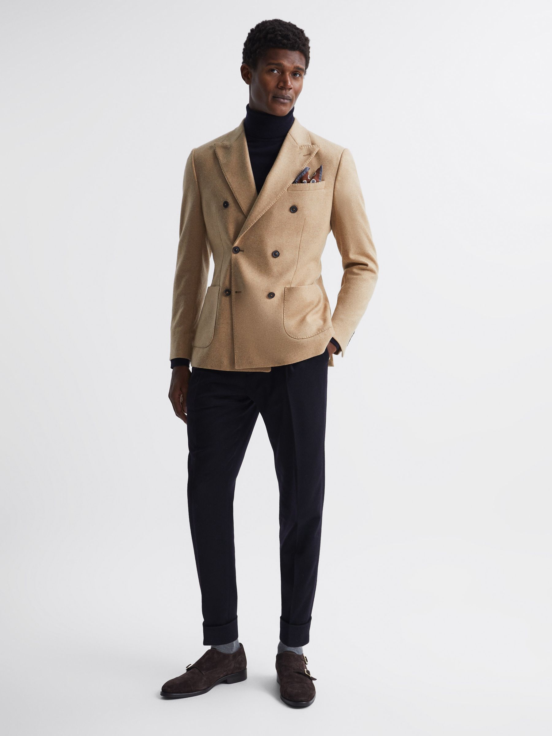 Double Breasted Slim Fit Textured Blazer in Camel - Image 3 of 8