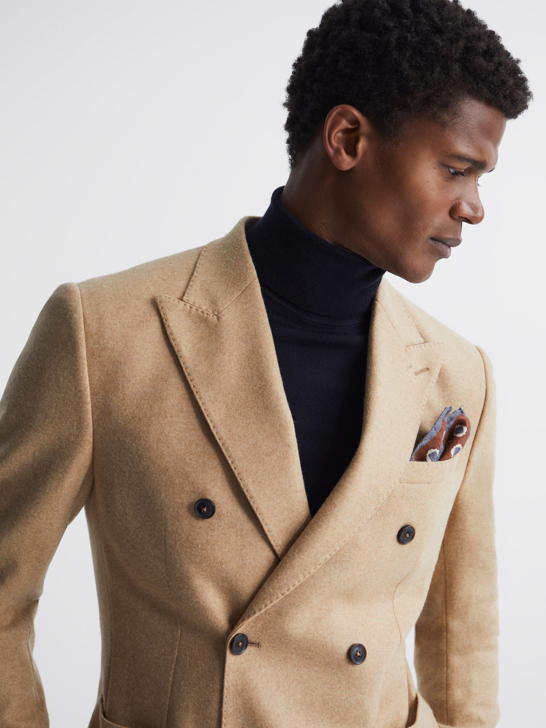 Double Breasted Slim Fit Textured Blazer in Camel - Image 4 of 8